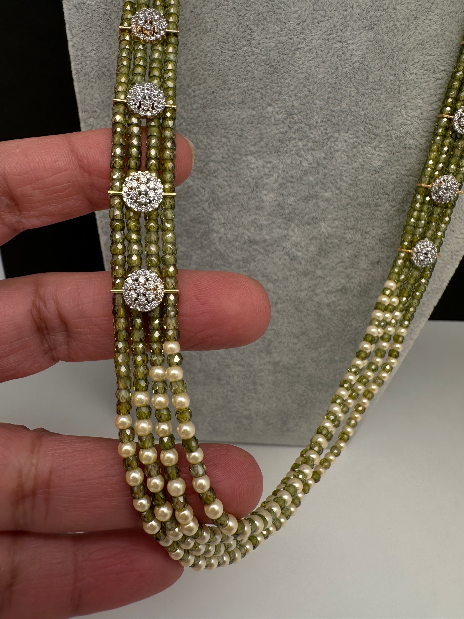 CZ Pearls Beads Long Necklace - OliveGreen