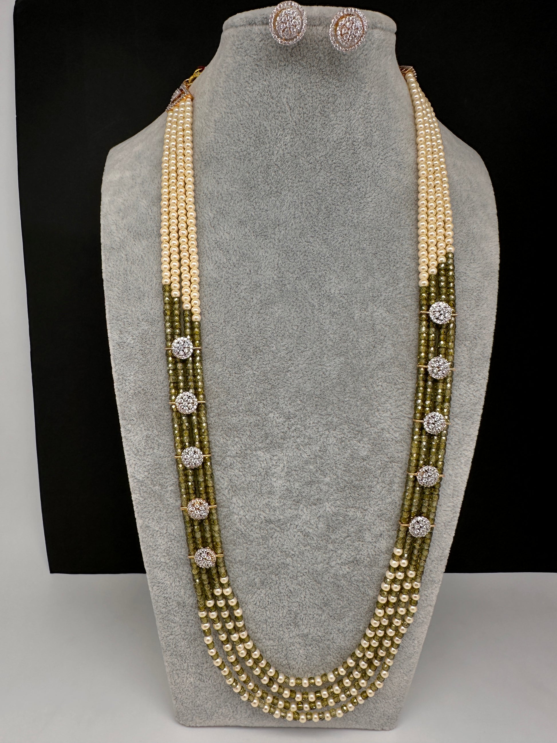 CZ Pearls Beads Long Necklace - OliveGreen
