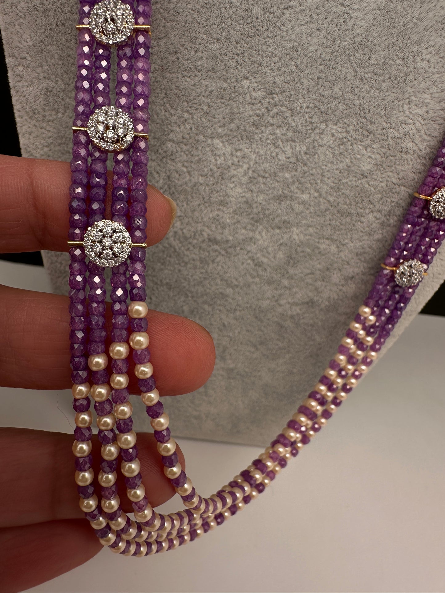 CZ Pearls Beads Long Necklace - Purple