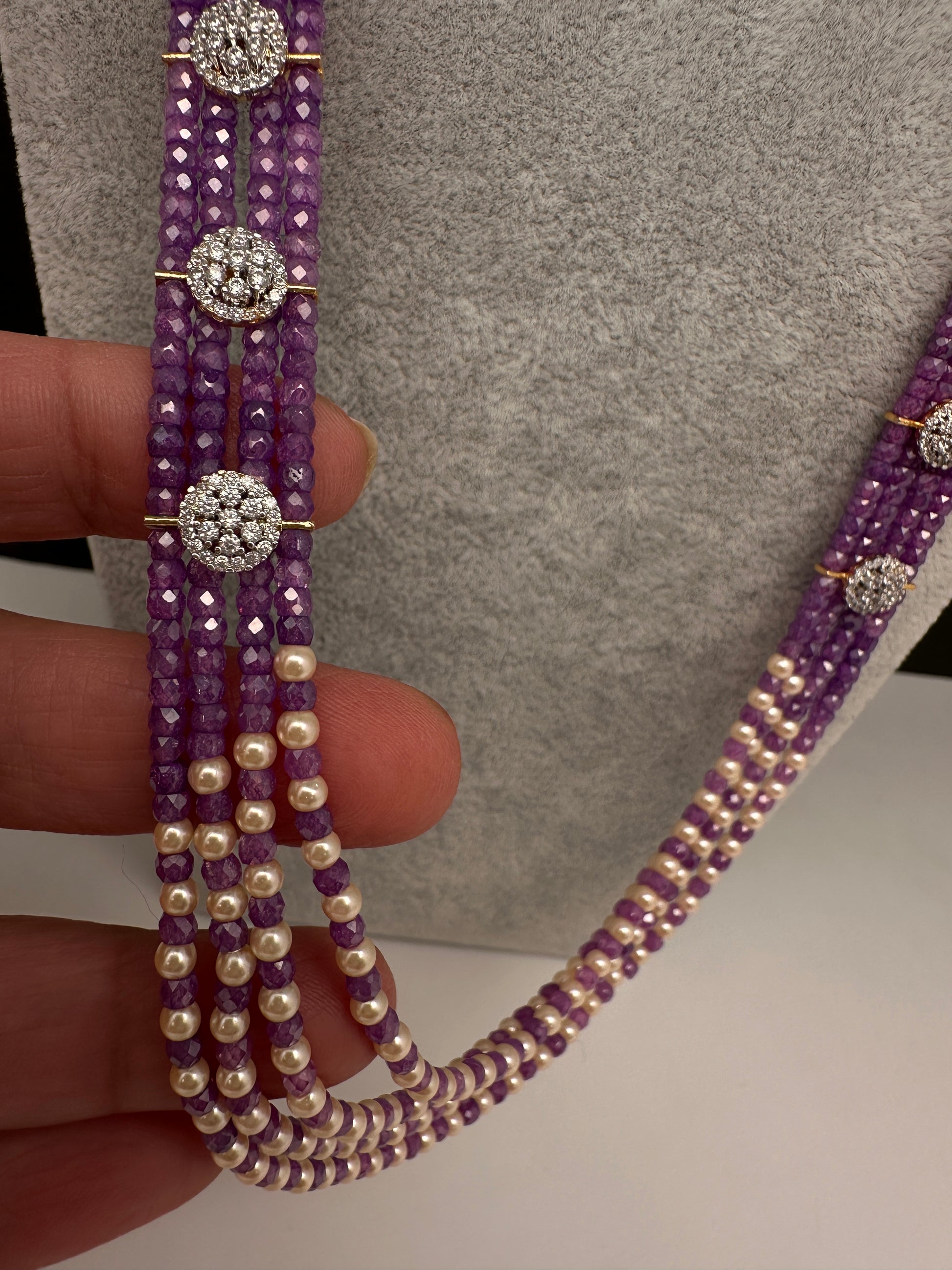 CZ Pearls Beads Long Necklace - Purple