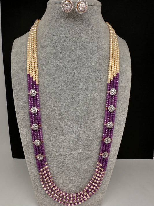 CZ Pearls Beads Long Necklace - Purple