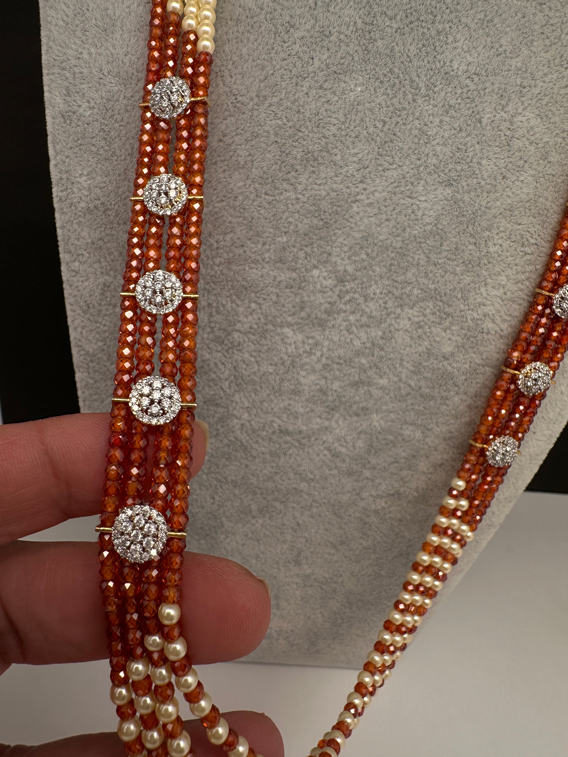 CZ Pearls Beads Long Necklace - Rust