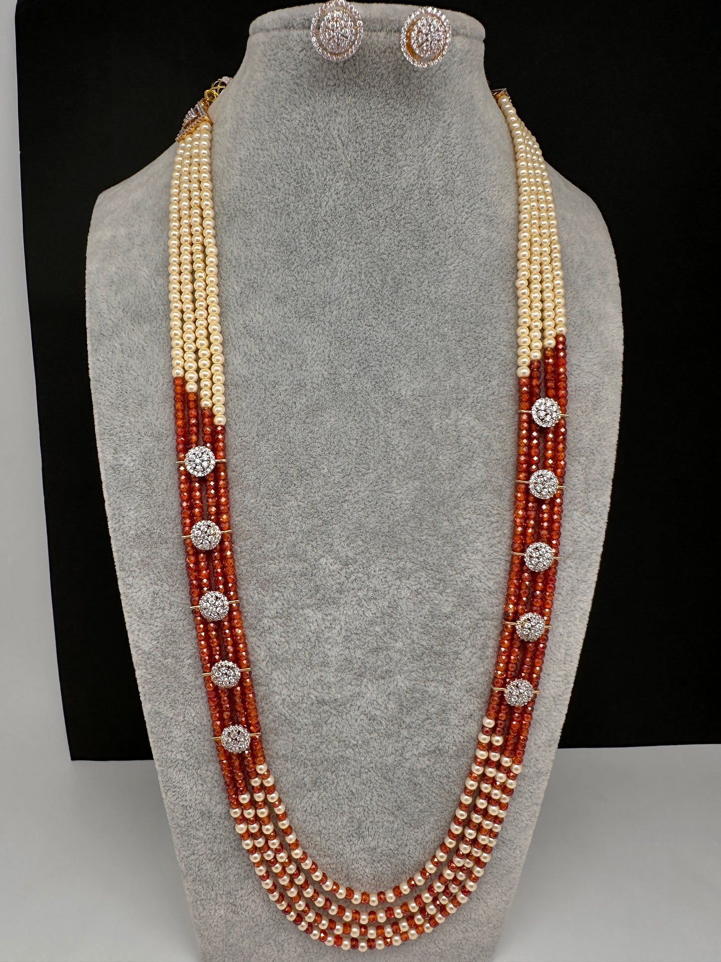 CZ Pearls Beads Long Necklace - Rust