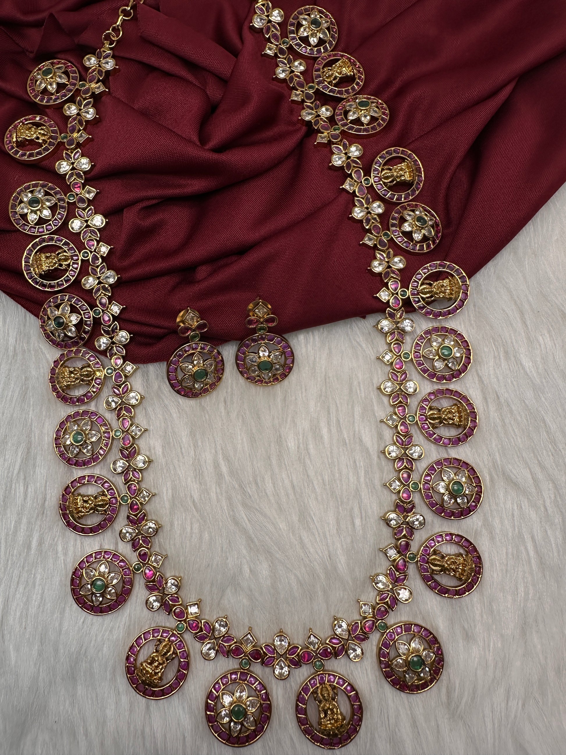 Bottu Mala Long Goddess Lakshmi Floral Kemp Necklace - 