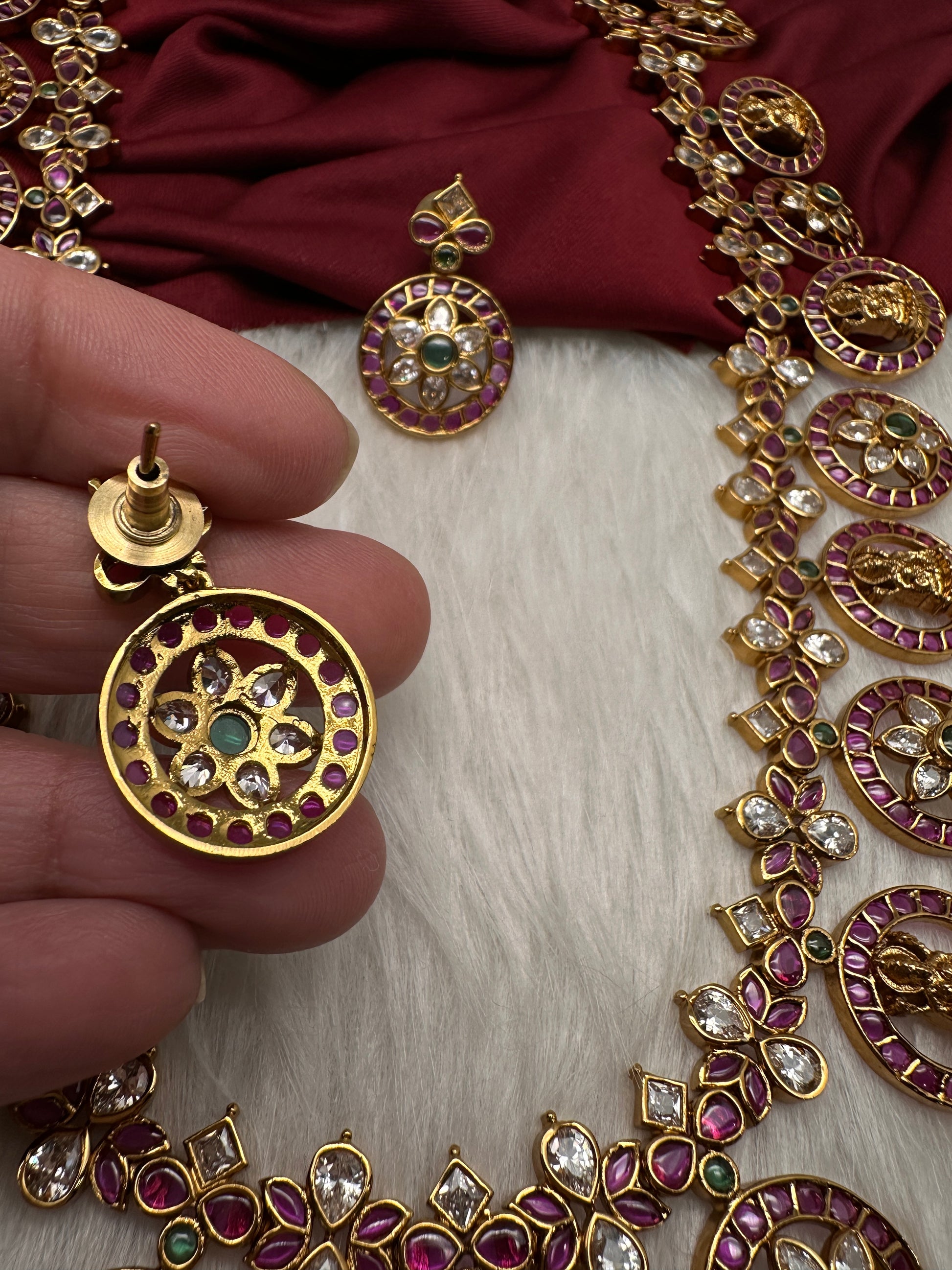 Bottu Mala Long Goddess Lakshmi Floral Kemp Necklace - 