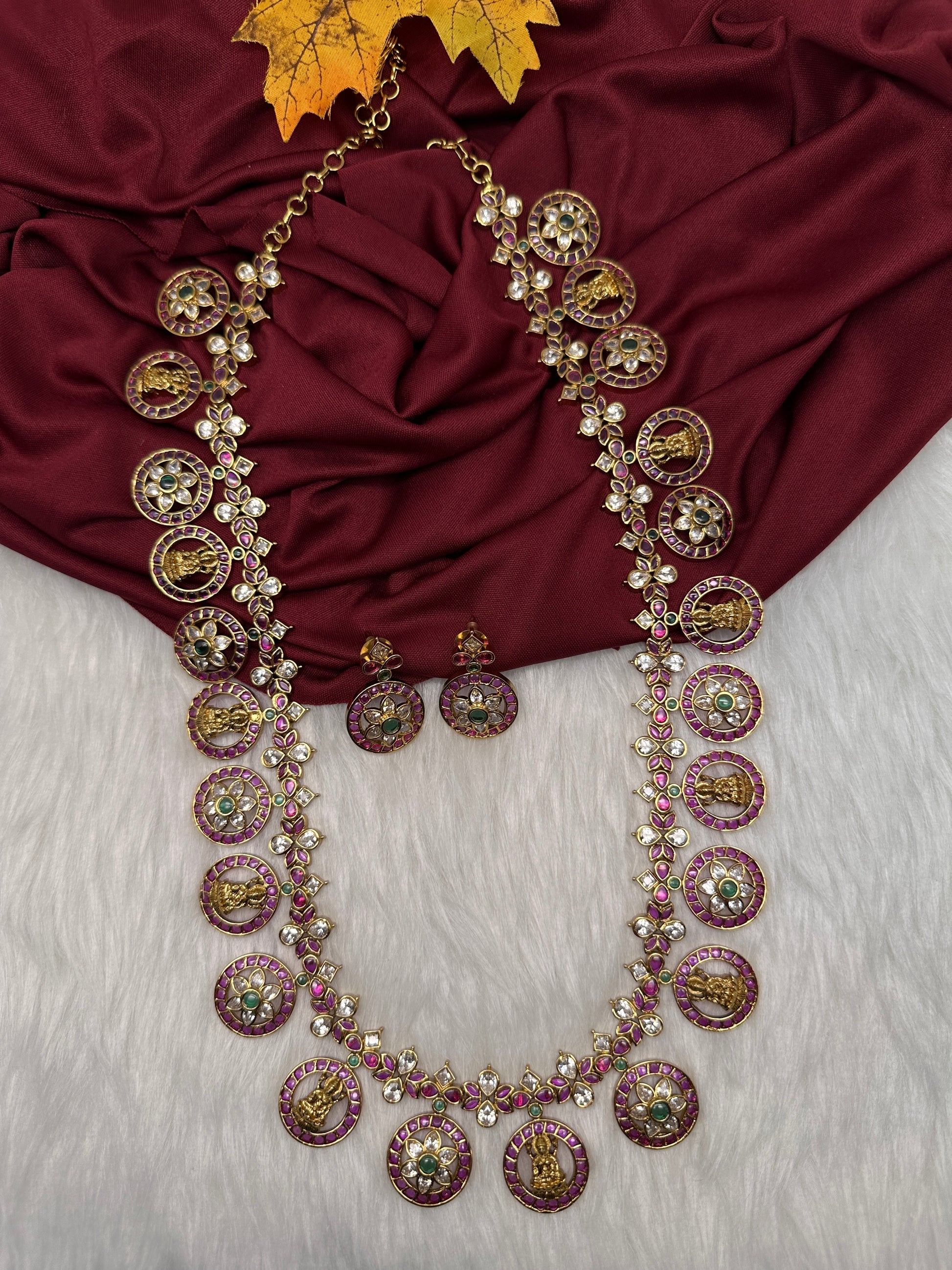 Bottu Mala Long Goddess Lakshmi Floral Kemp Necklace - 