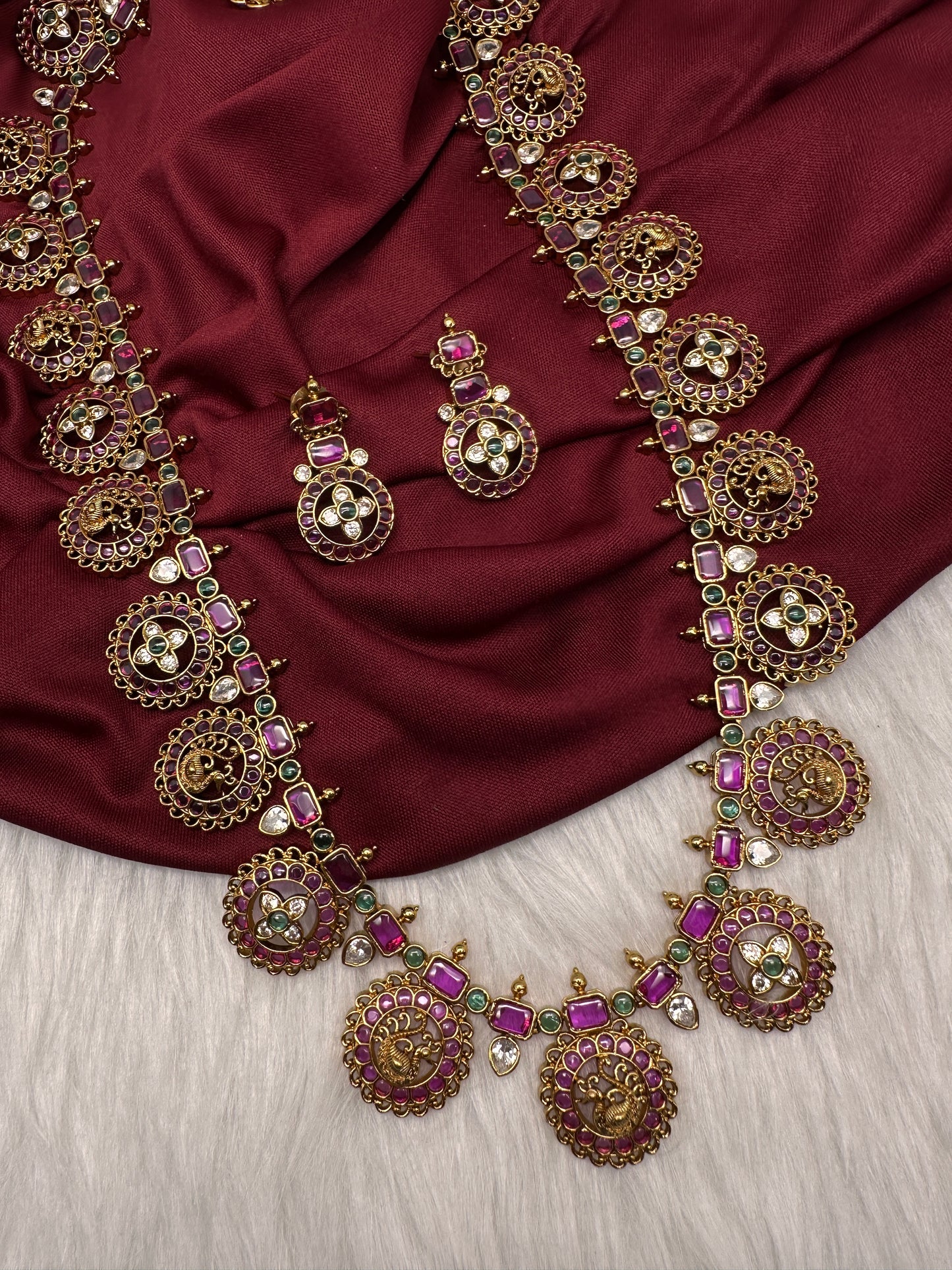 Bottu Mala Long peacock Floral Kemp Necklace - 