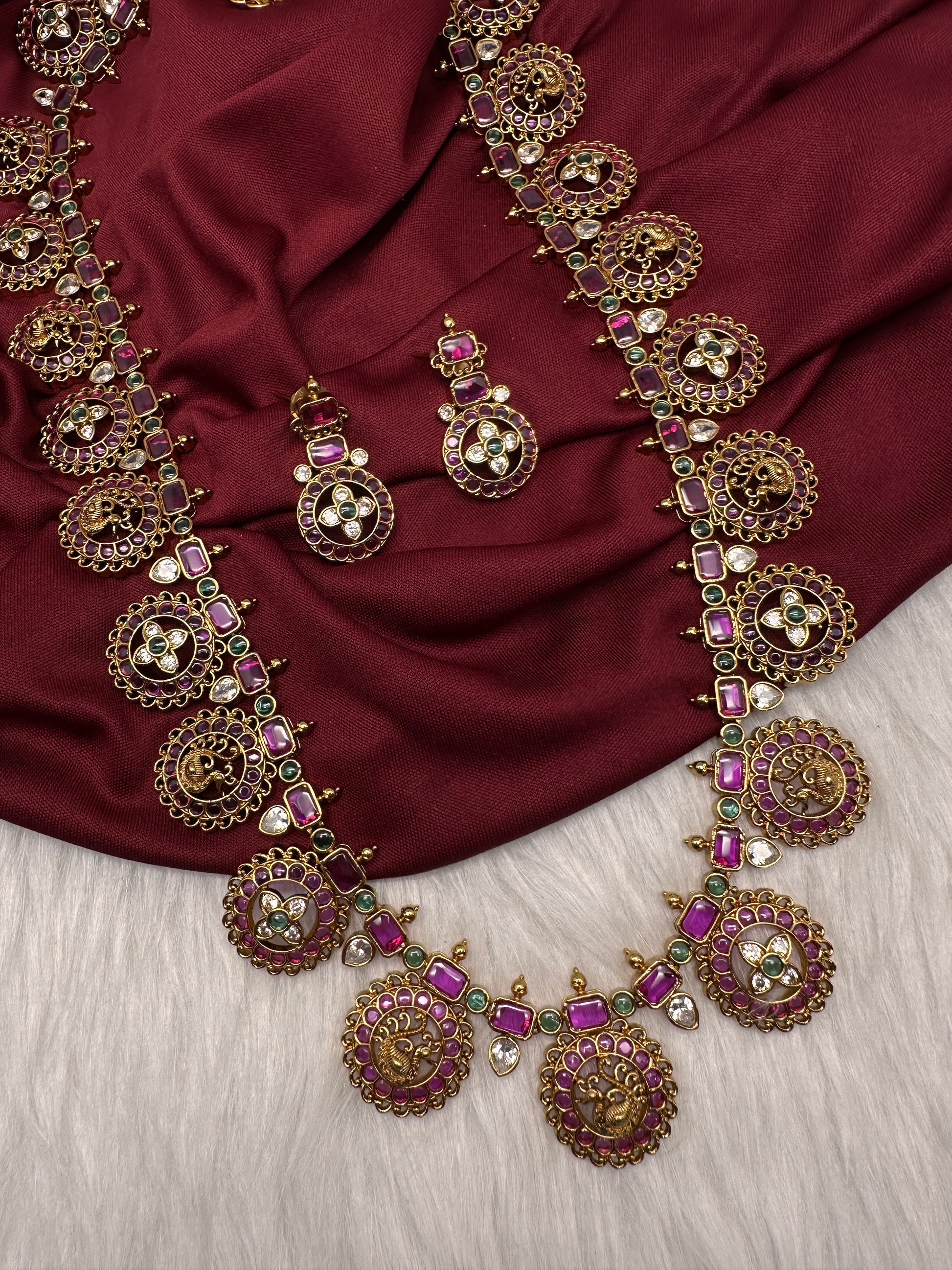 Bottu Mala Long peacock Floral Kemp Necklace - 