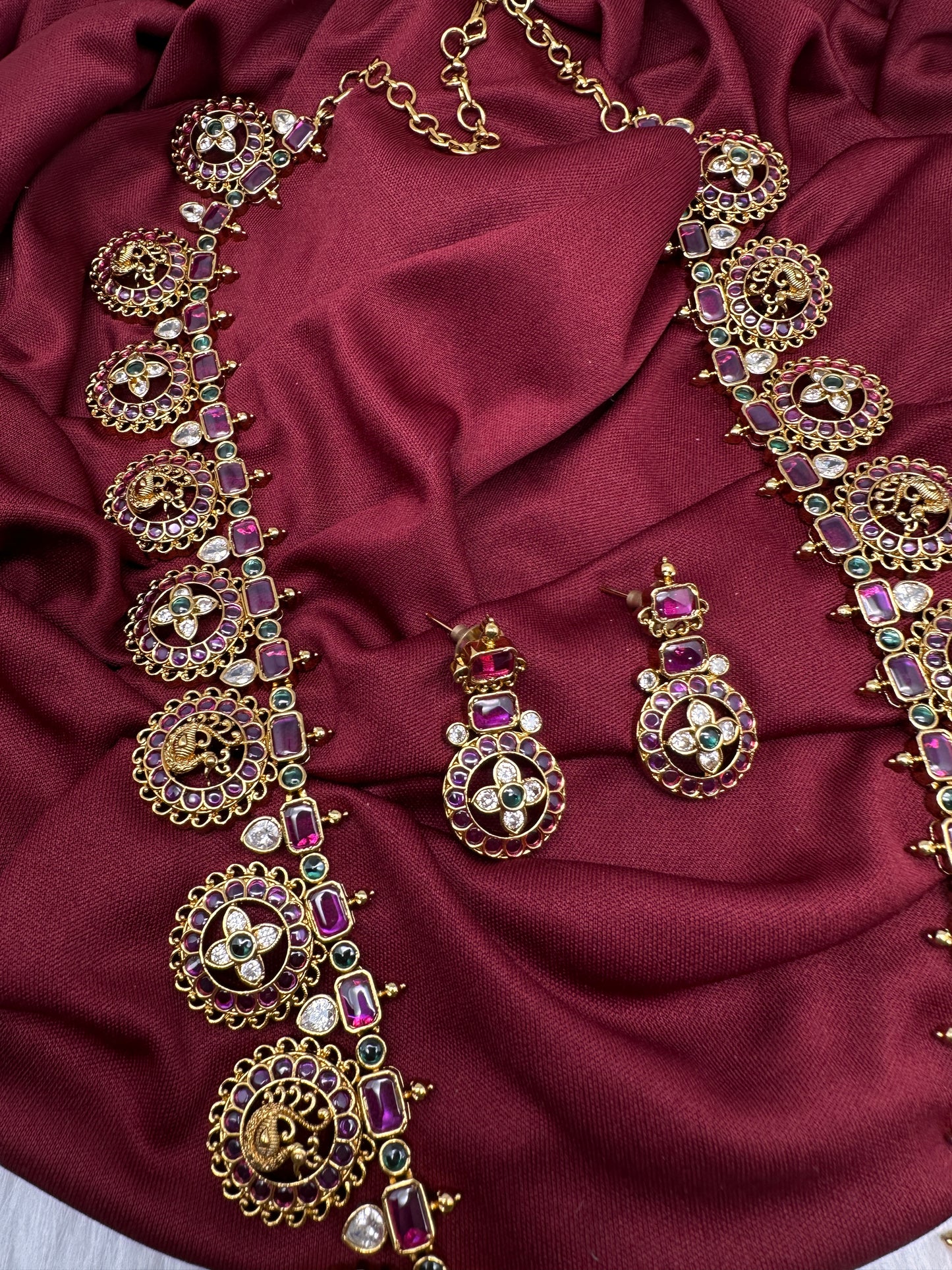 Bottu Mala Long peacock Floral Kemp Necklace - 