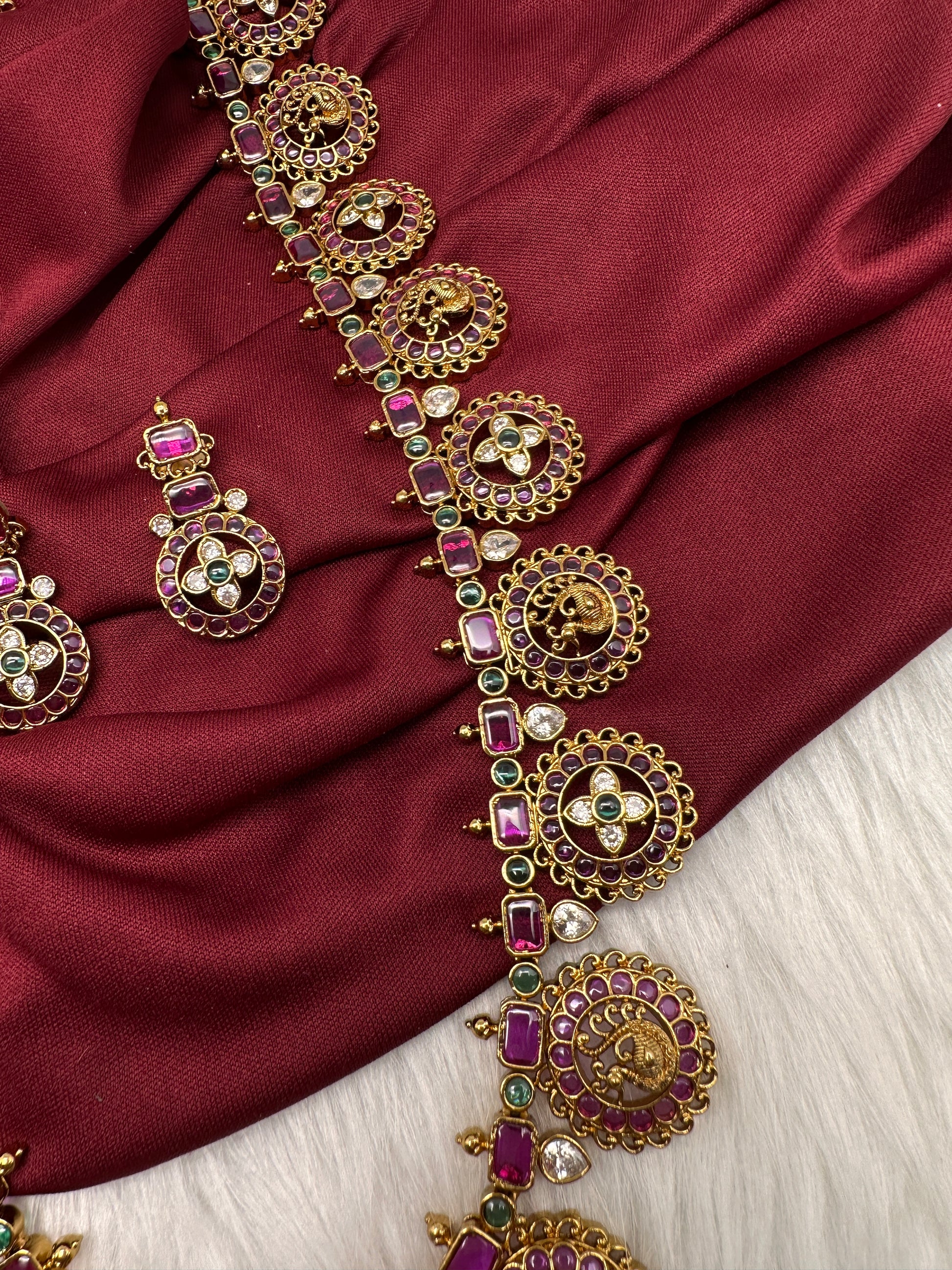 Bottu Mala Long peacock Floral Kemp Necklace - 