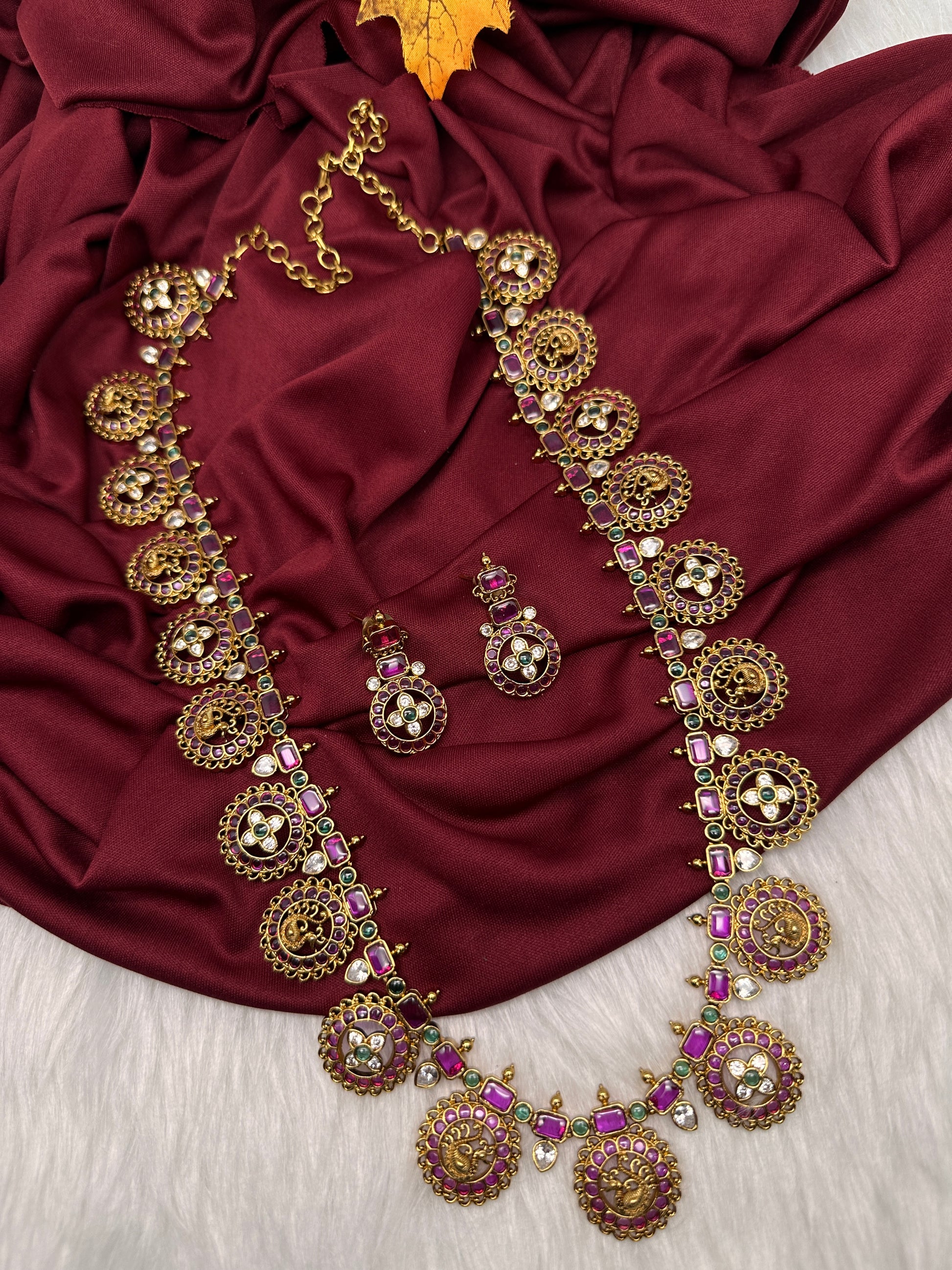 Bottu Mala Long peacock Floral Kemp Necklace - 