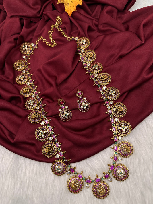 Bottu Mala Long peacock Floral Kemp Necklace - 