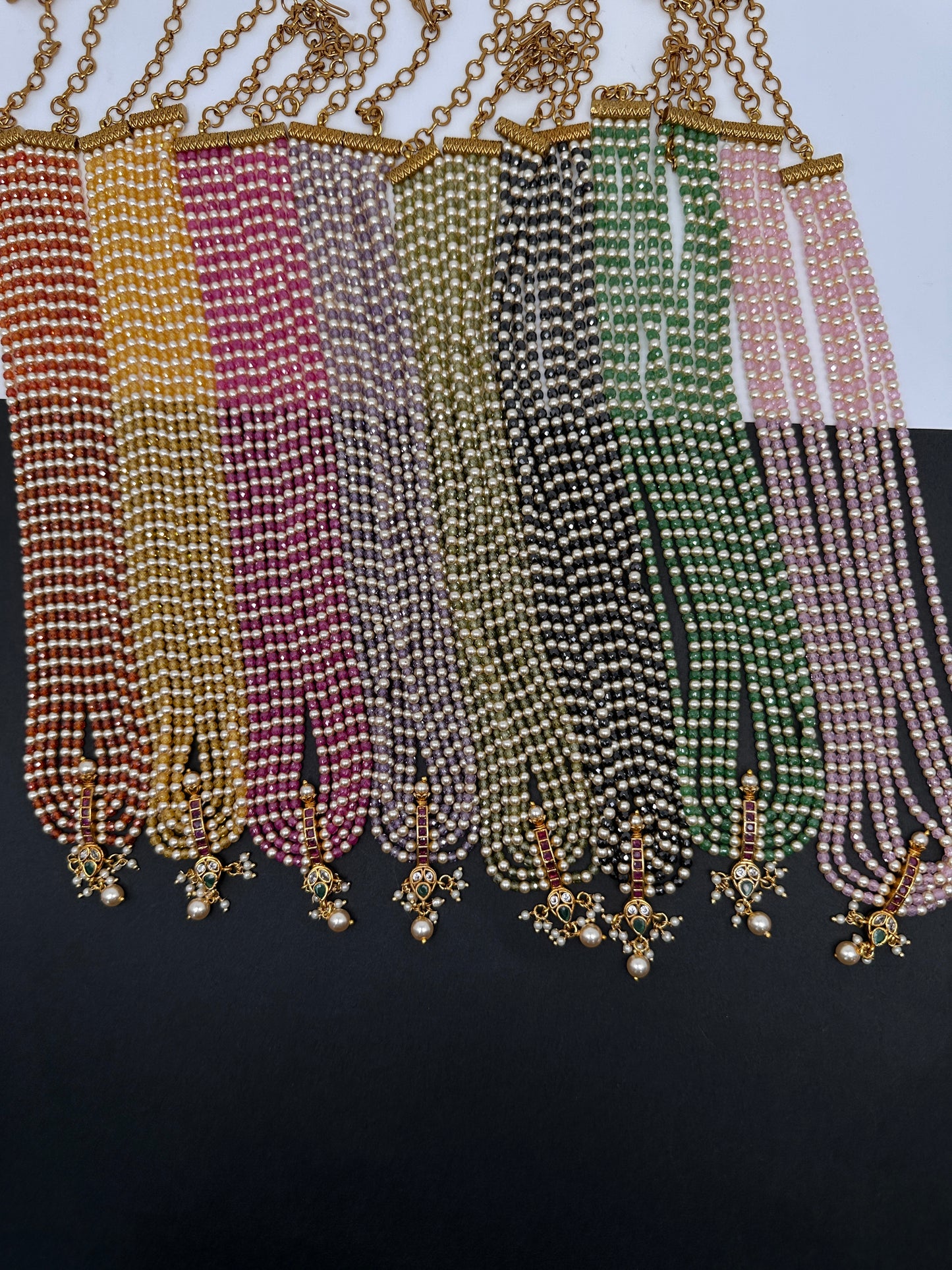 Kemp Pendent CZ Pearls Beads Mala Necklace - Green