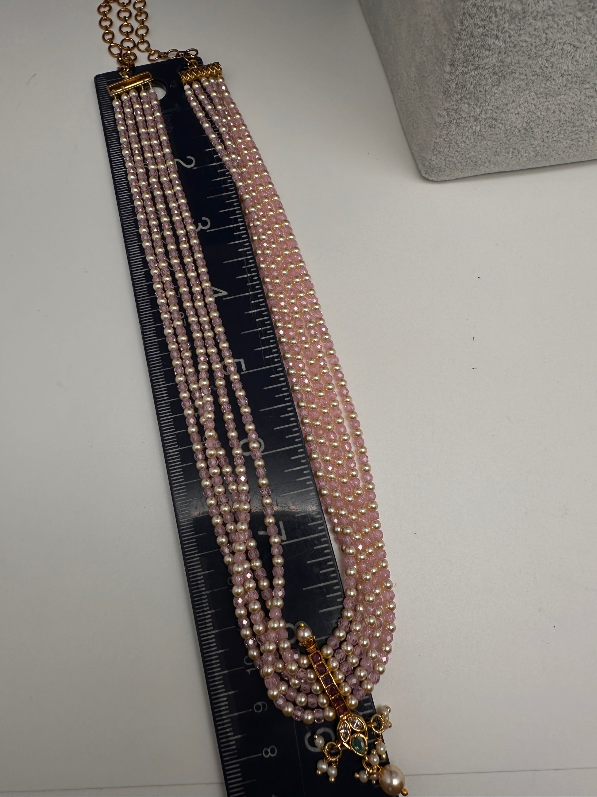 Kemp Pendent CZ Pearls Beads Mala Necklace - LightPink