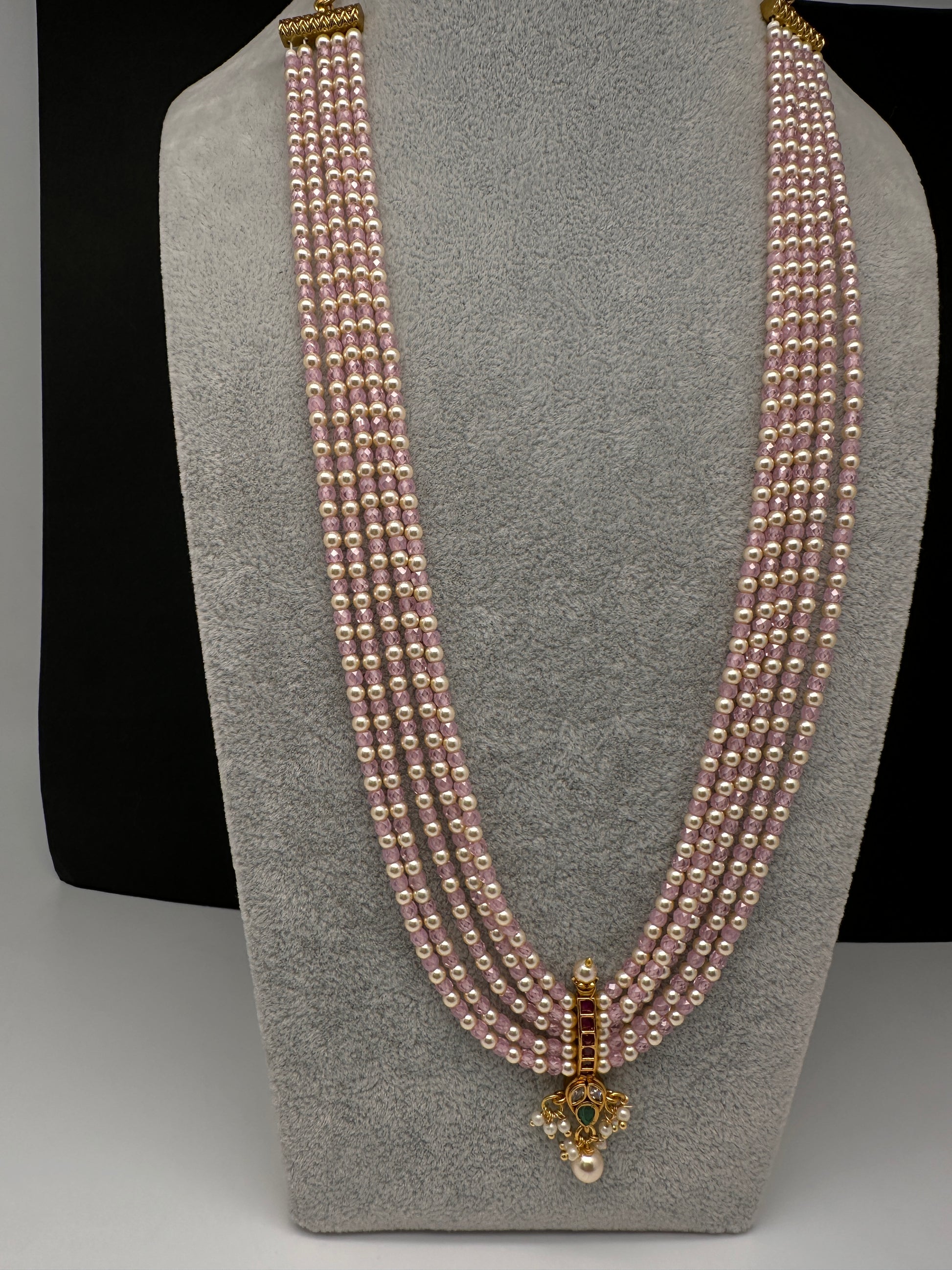 Kemp Pendent CZ Pearls Beads Mala Necklace - LightPink
