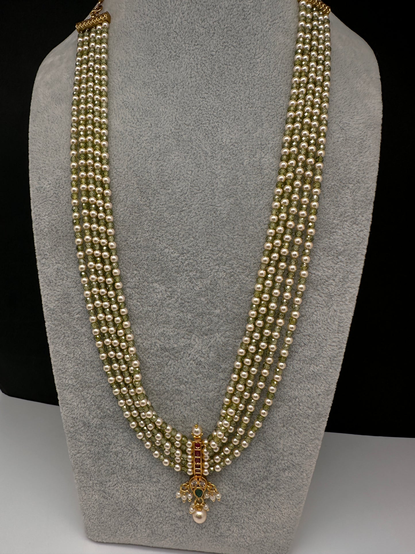 Kemp Pendent CZ Pearls Beads Mala Necklace - OliveGreen