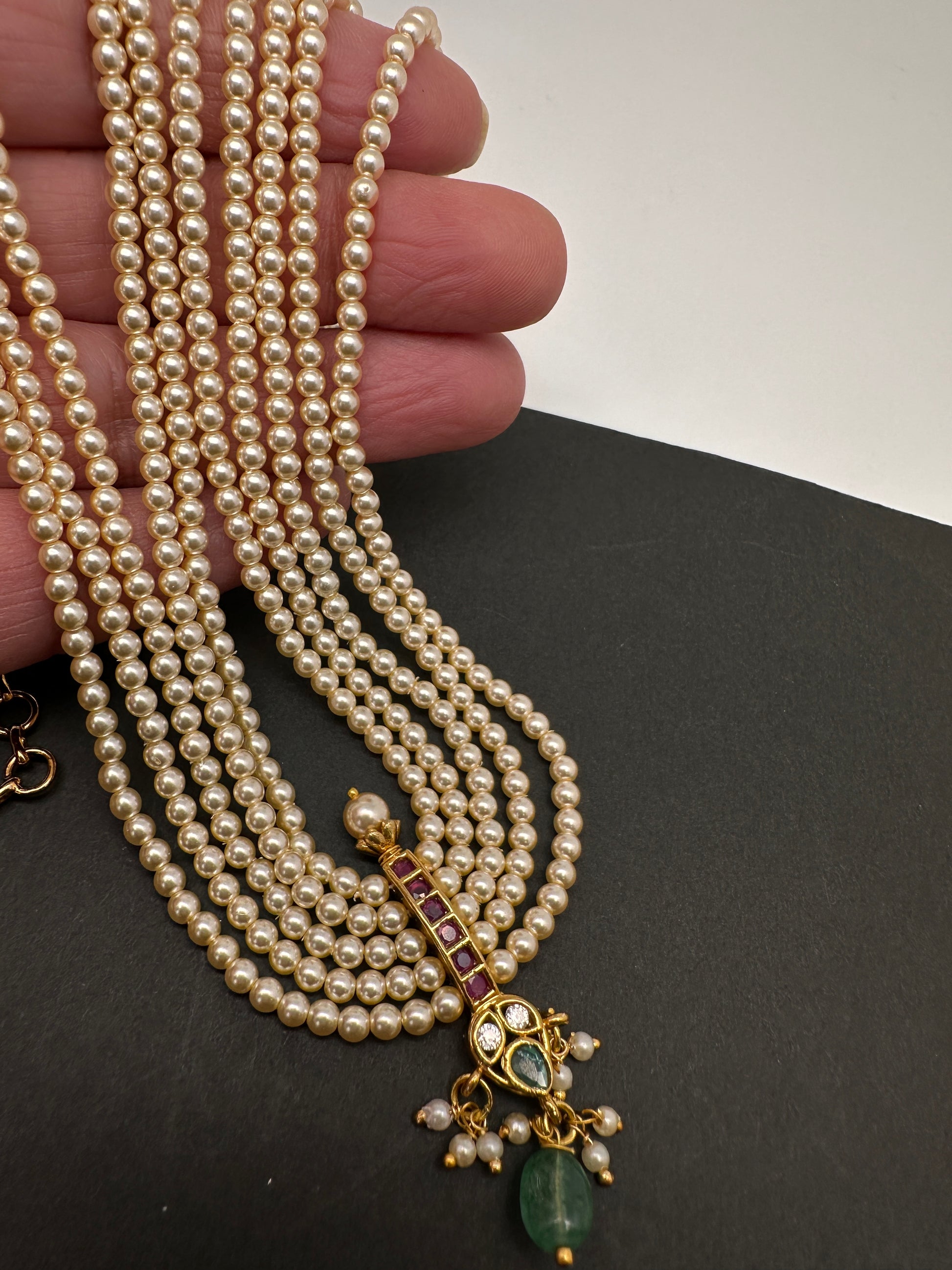 Kemp Pendent CZ Pearls Beads Mala Necklace - Pearl