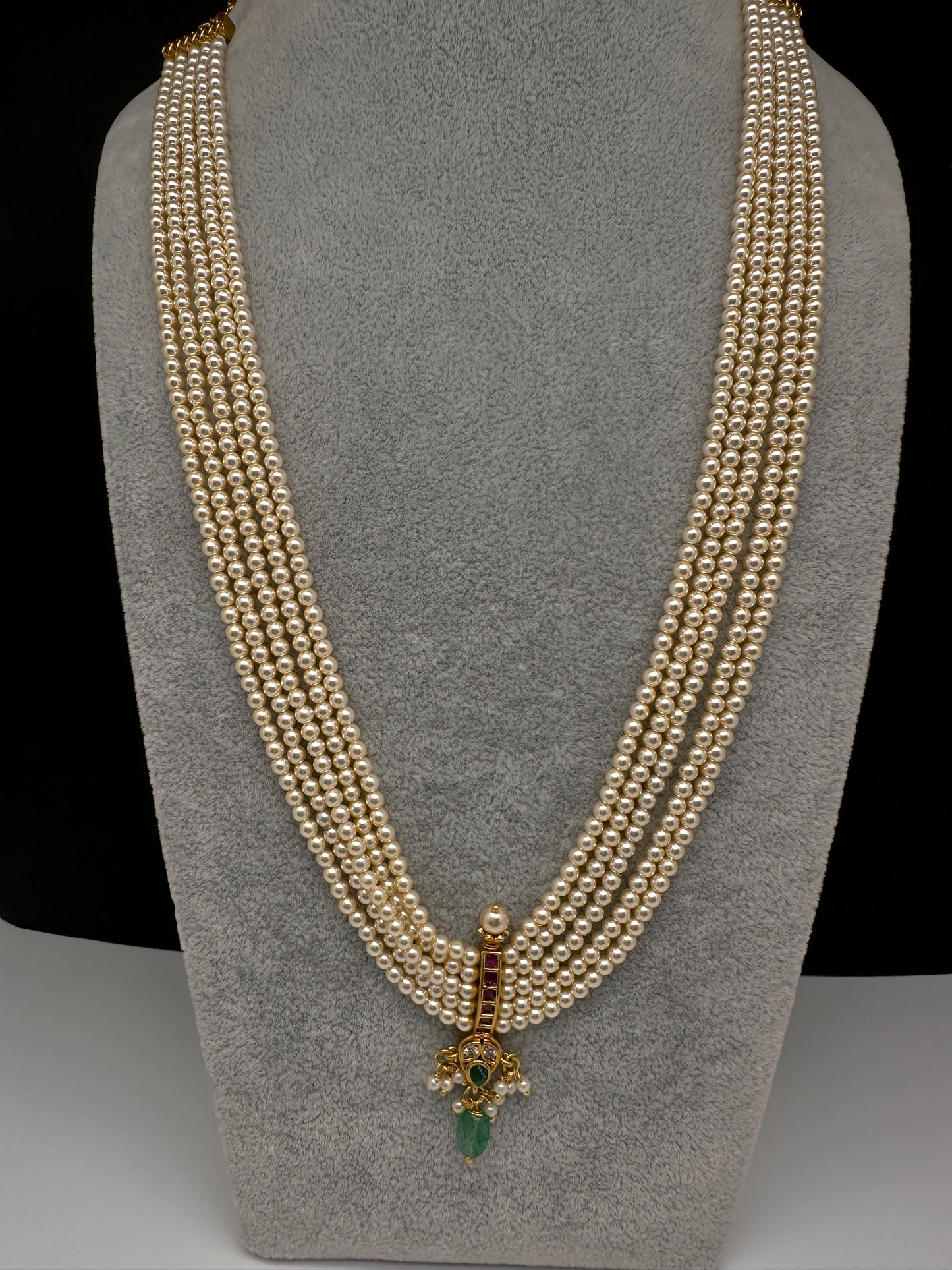 Kemp Pendent CZ Pearls Beads Mala Necklace - Pearl