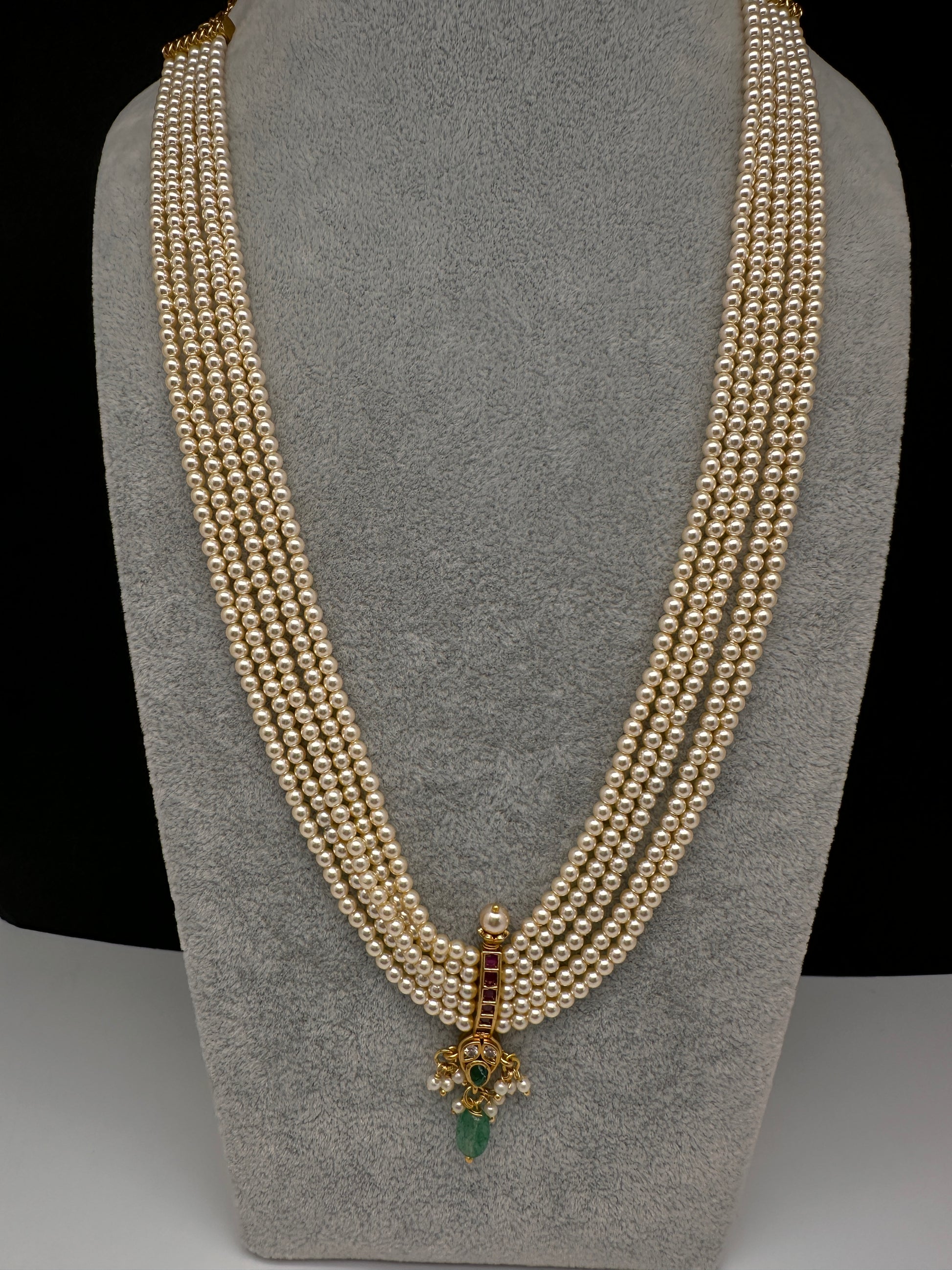 Kemp Pendent CZ Pearls Beads Mala Necklace - Pearl