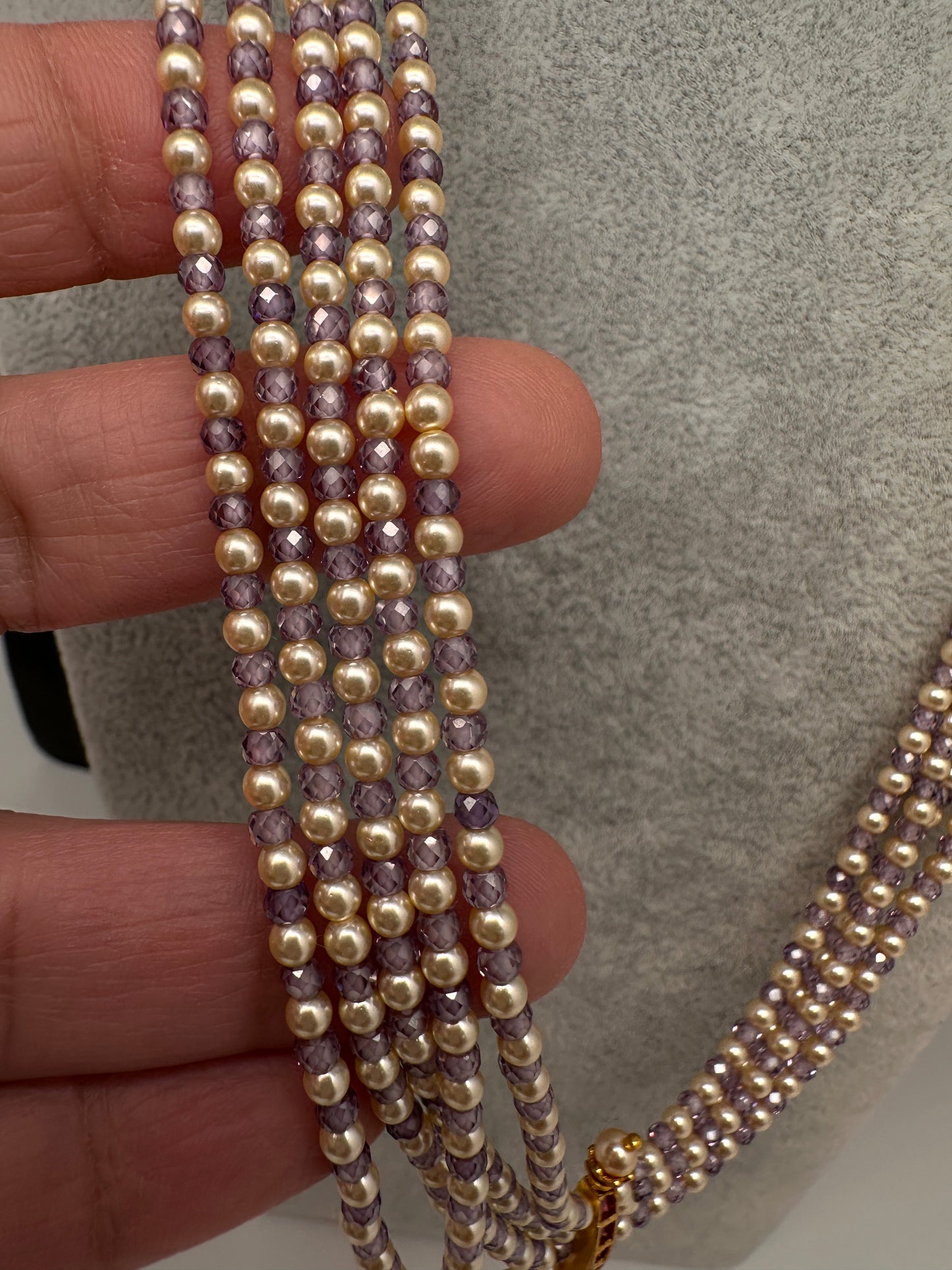 Kemp Pendent CZ Pearls Beads Mala Necklace - Purple