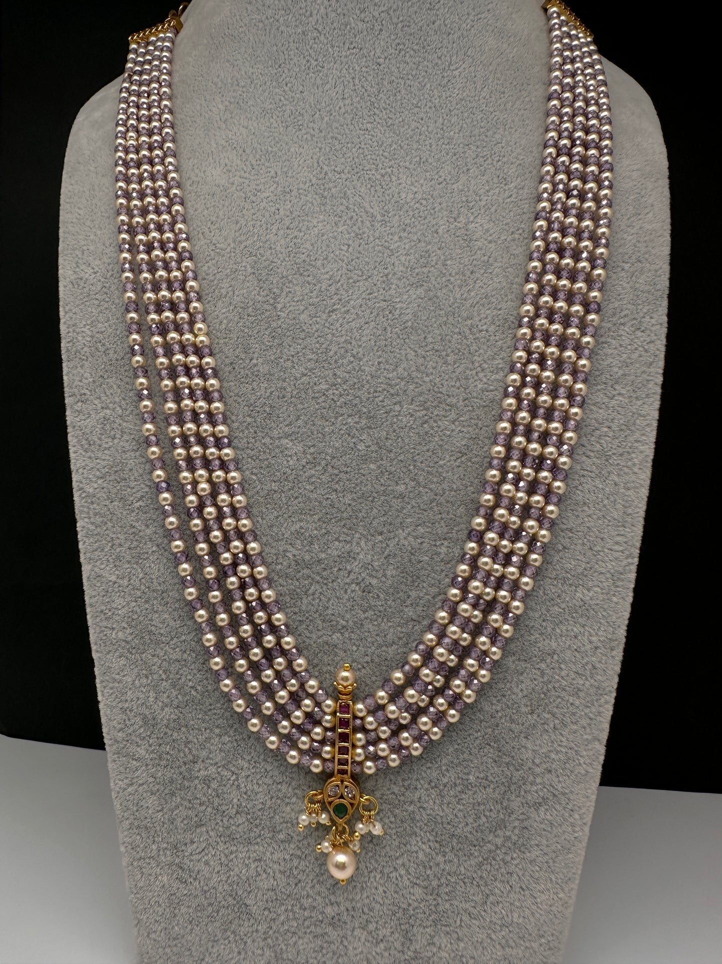 Kemp Pendent CZ Pearls Beads Mala Necklace - Purple