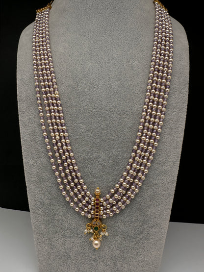 Kemp Pendent CZ Pearls Beads Mala Necklace - Purple