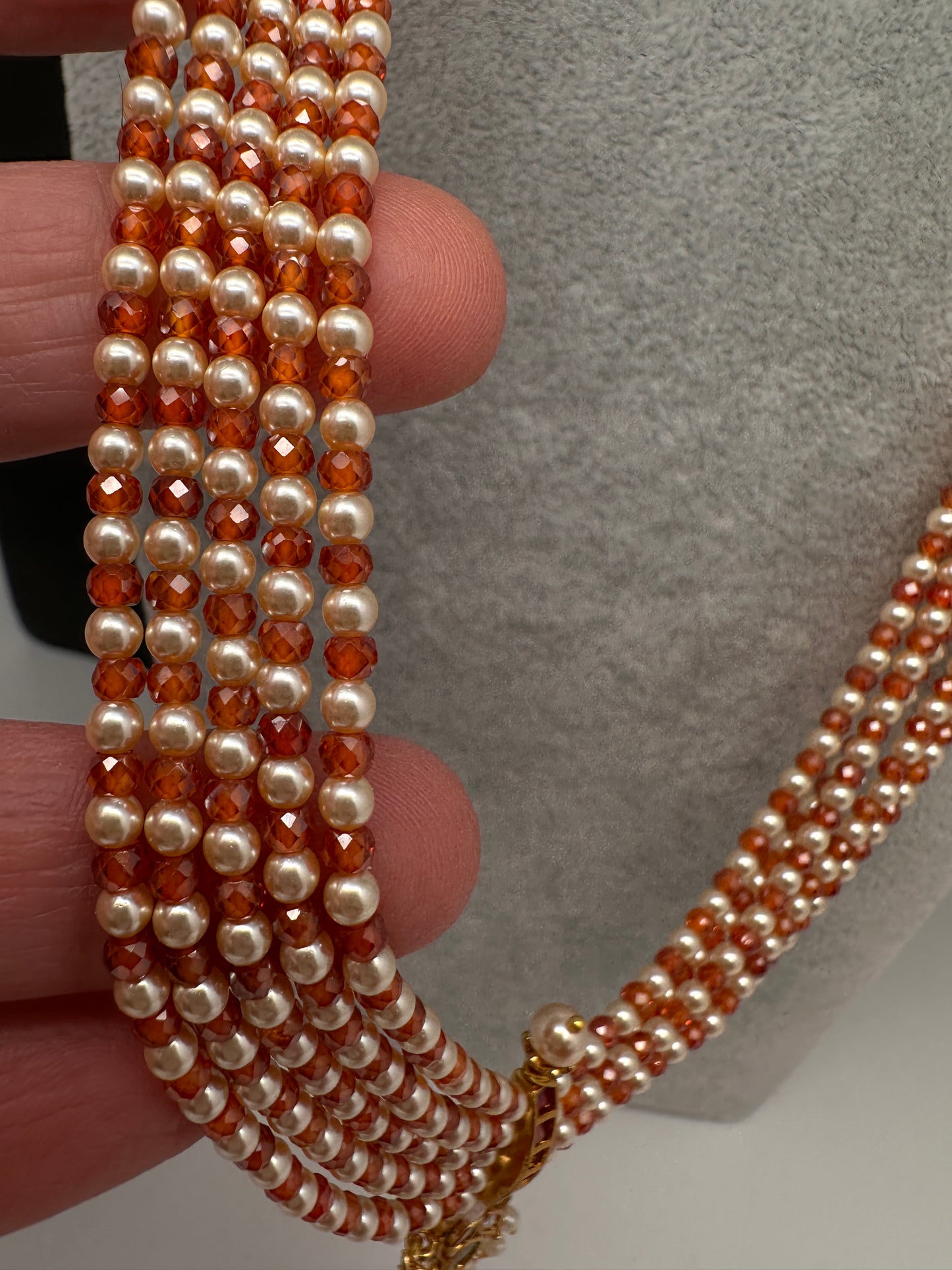 Kemp Pendent CZ Pearls Beads Mala Necklace - Rust