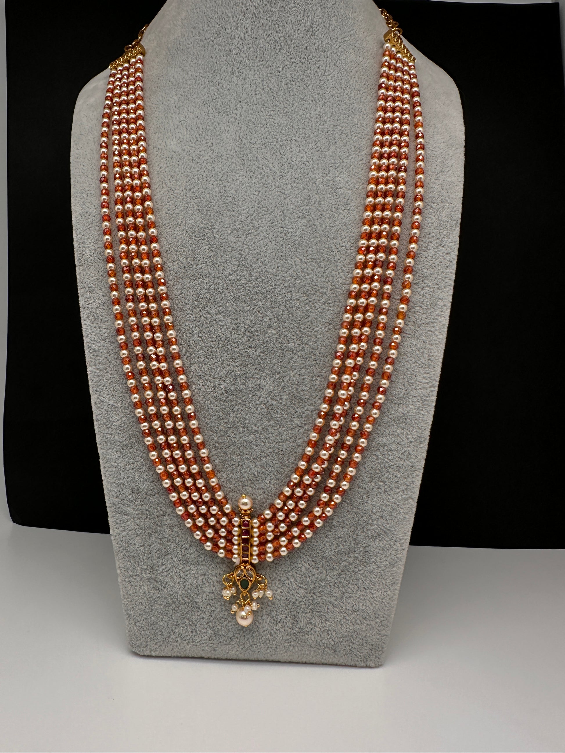Kemp Pendent CZ Pearls Beads Mala Necklace - Rust