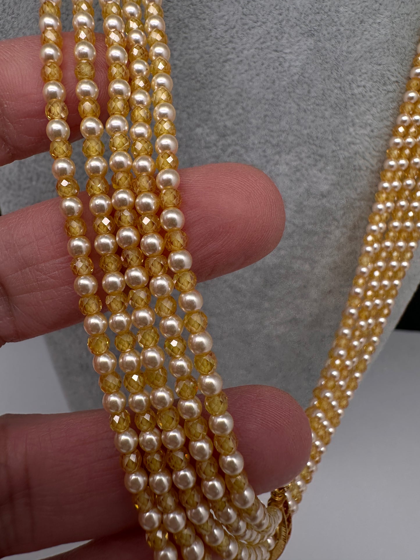 Kemp Pendent CZ Pearls Beads Mala Necklace - Yellow