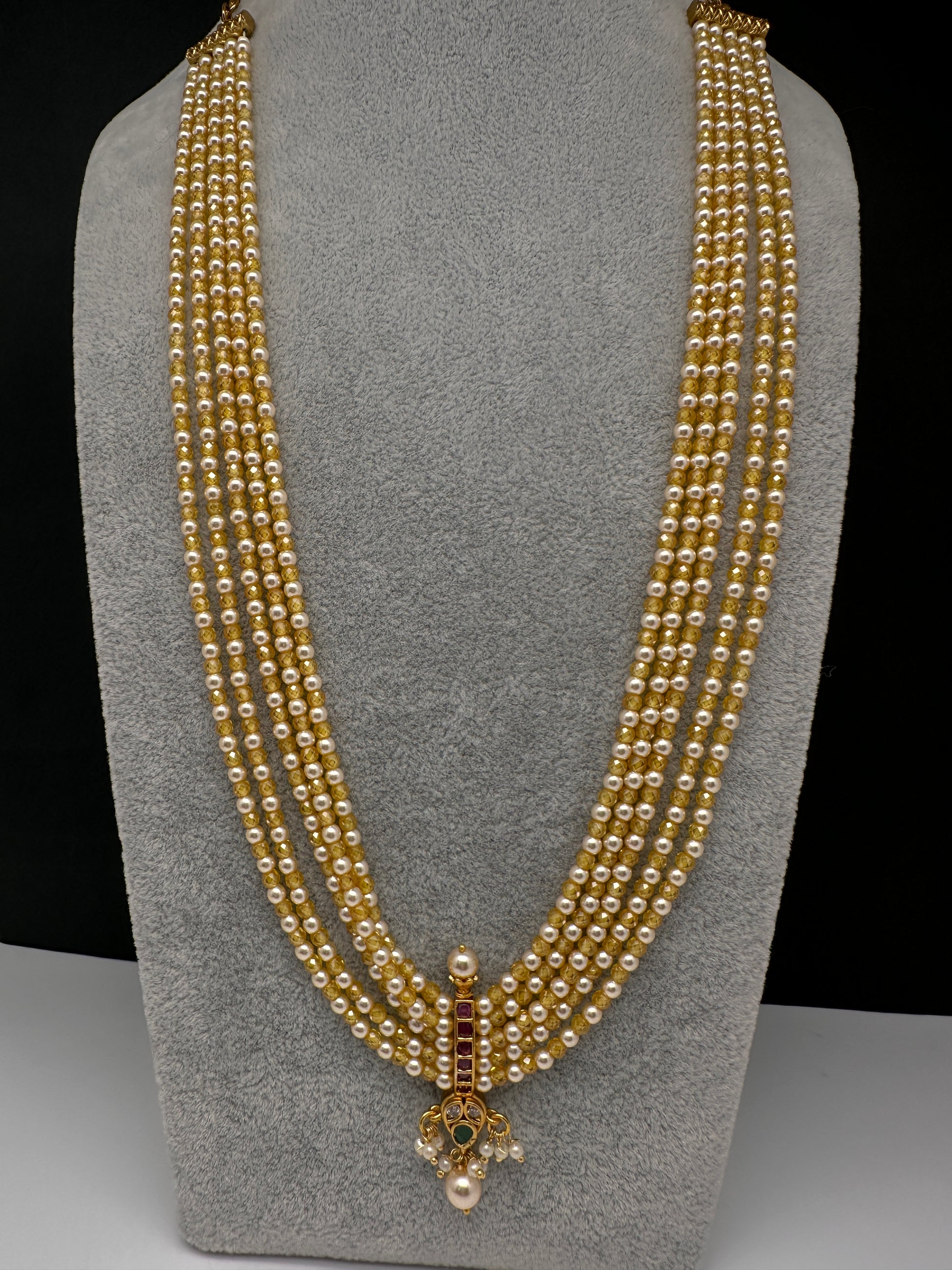 Kemp Pendent CZ Pearls Beads Mala Necklace - Yellow