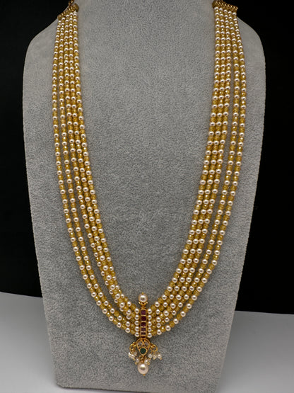 Kemp Pendent CZ Pearls Beads Mala Necklace - Yellow
