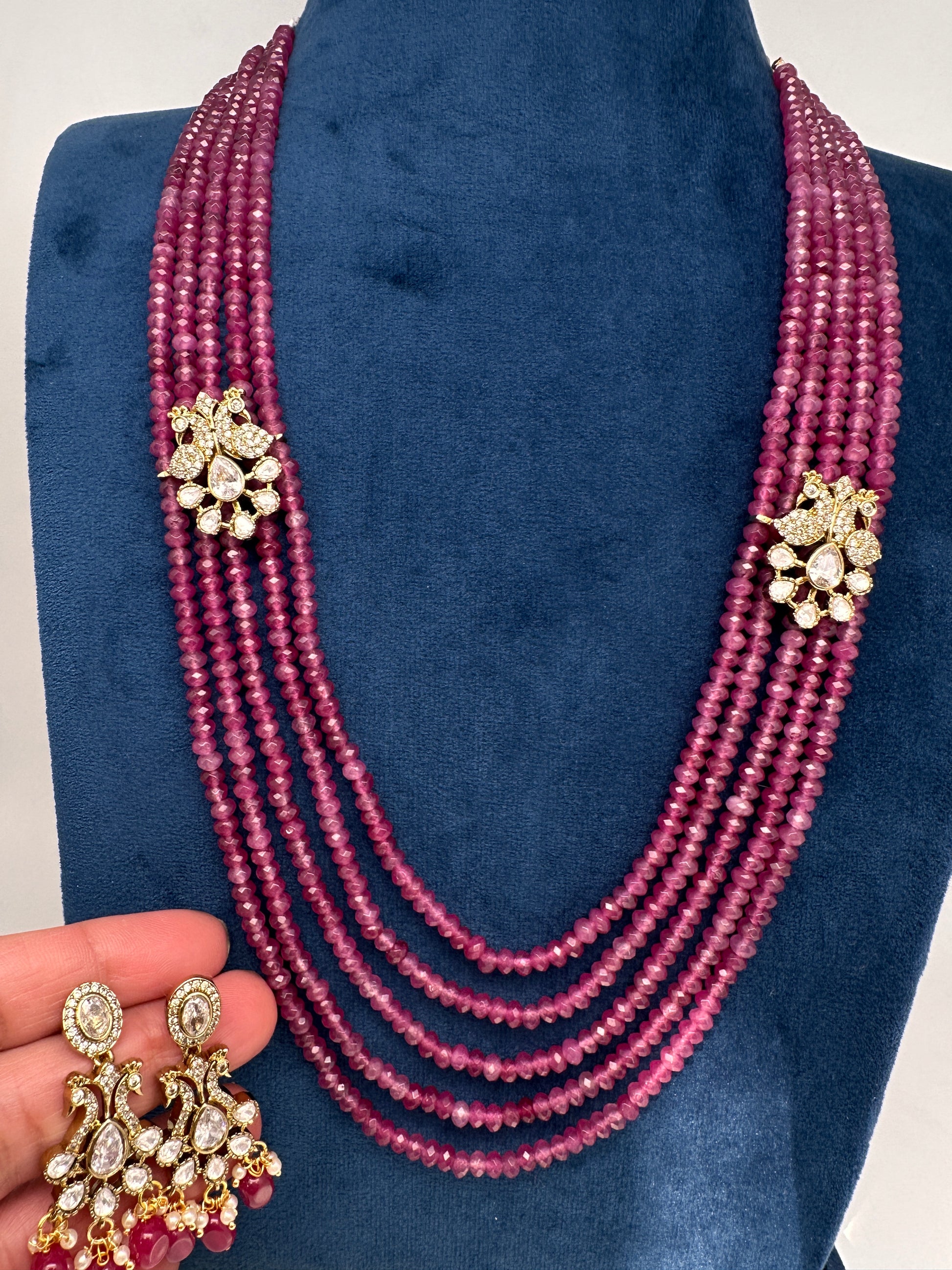 Side Pendent Multi Layer Beads Mala Necklace - Pink