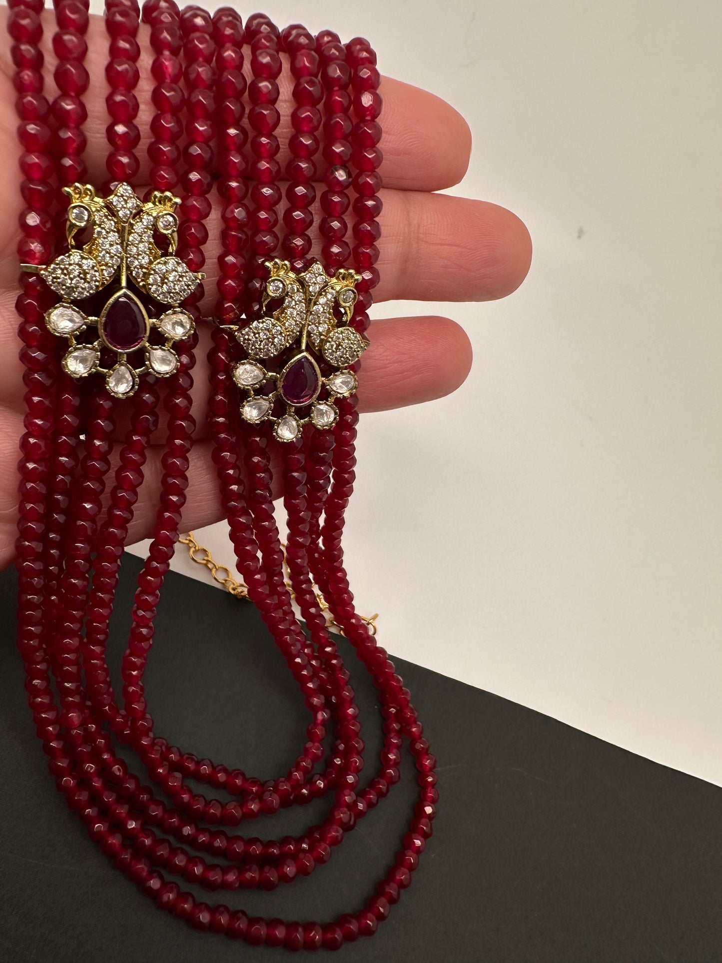 Side Pendent Multi Layer Beads Mala Necklace - Red