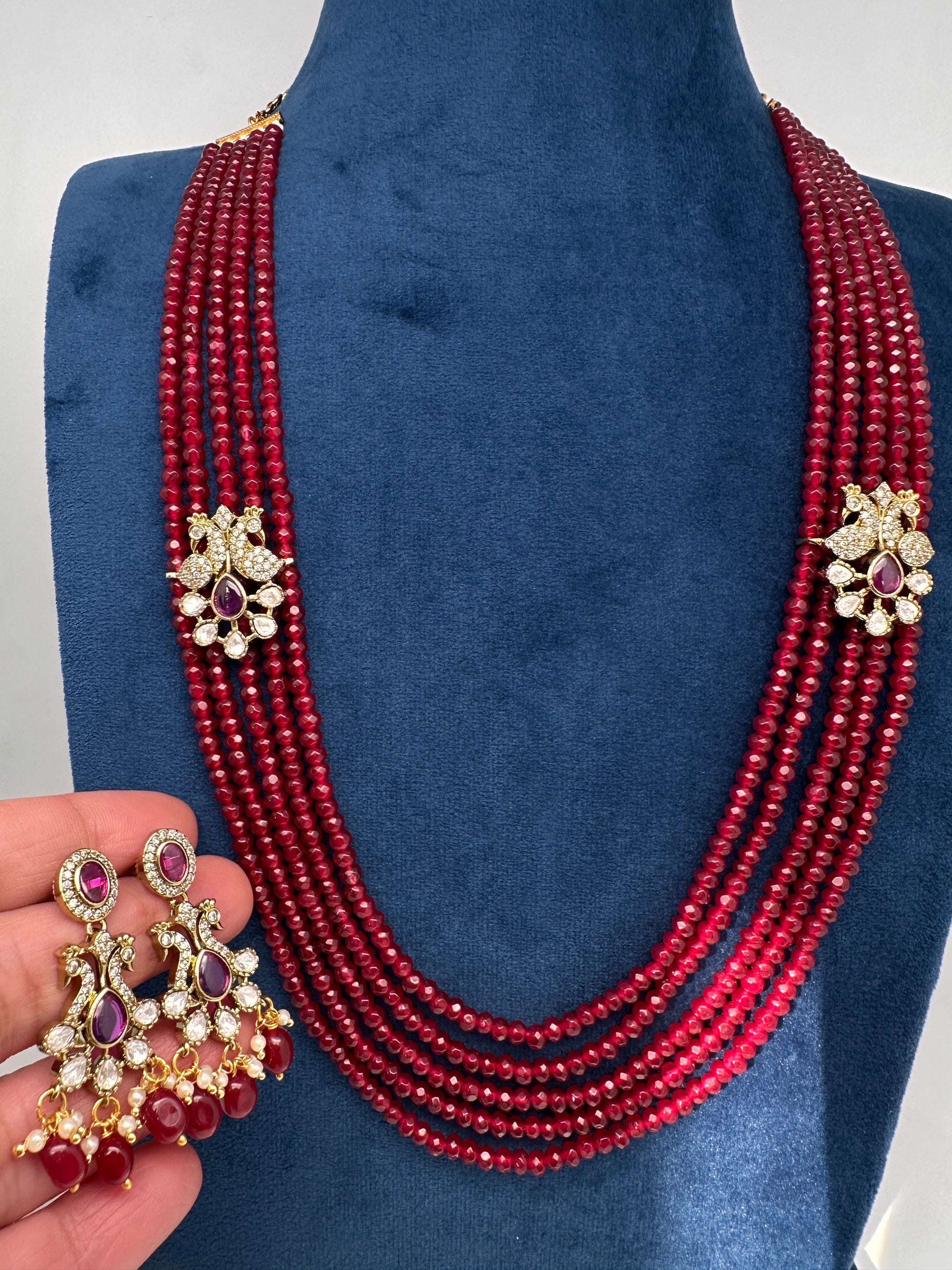 Side Pendent Multi Layer Beads Mala Necklace - Red