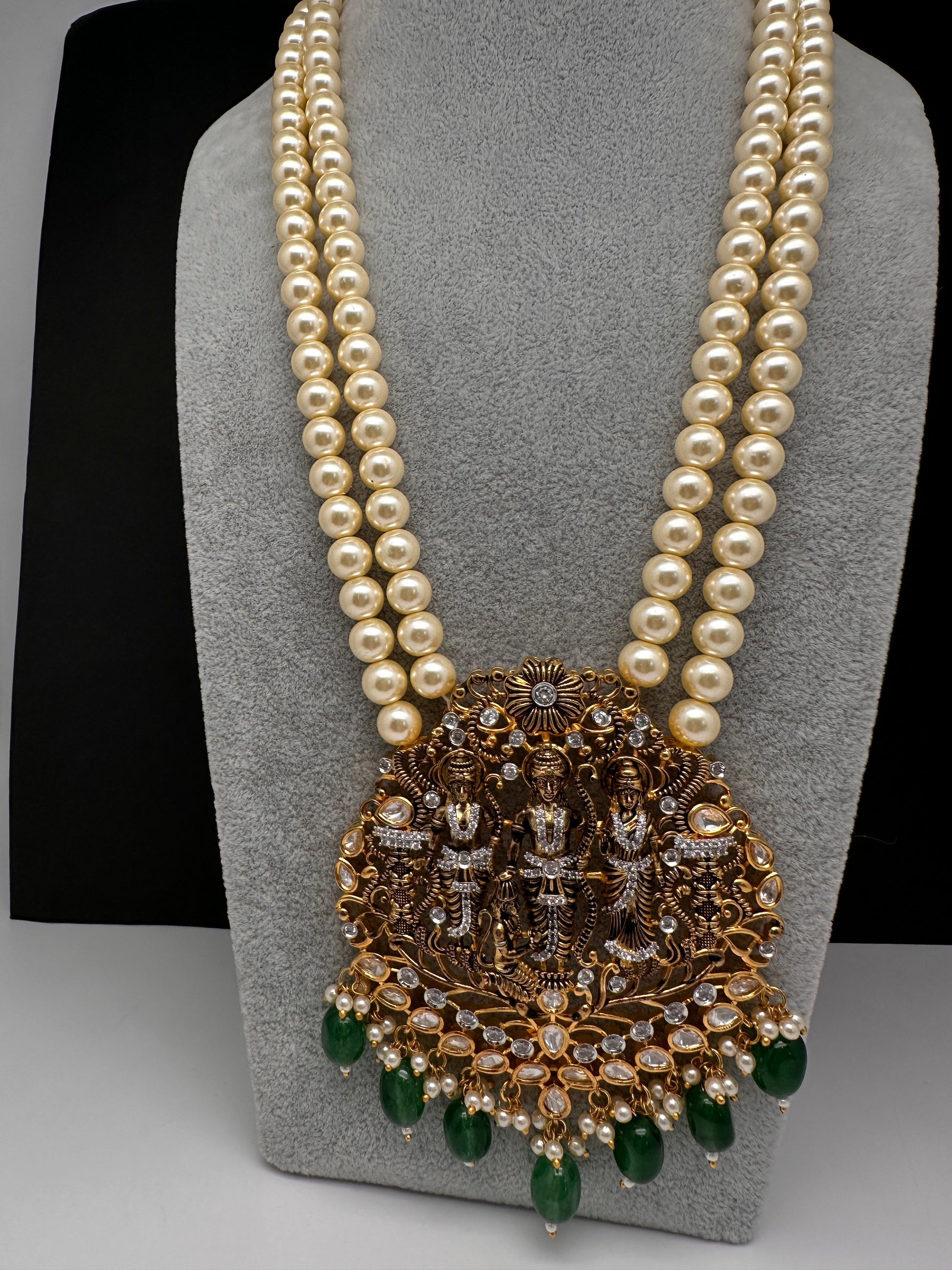 Ram Parivar Antique Swaroski Pearls Beads Mala Necklace - Green