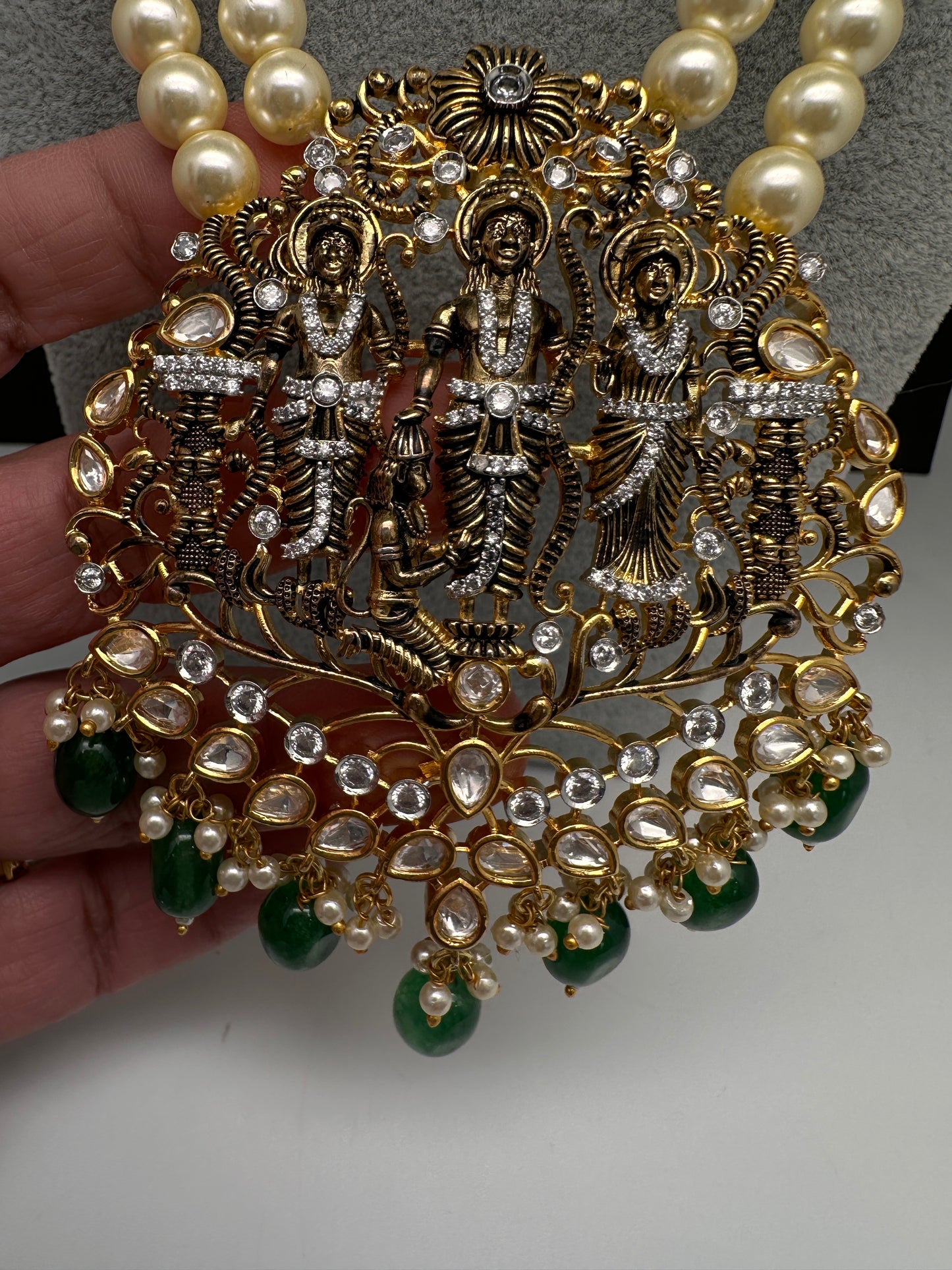 Ram Parivar Antique Swaroski Pearls Beads Mala Necklace - Green