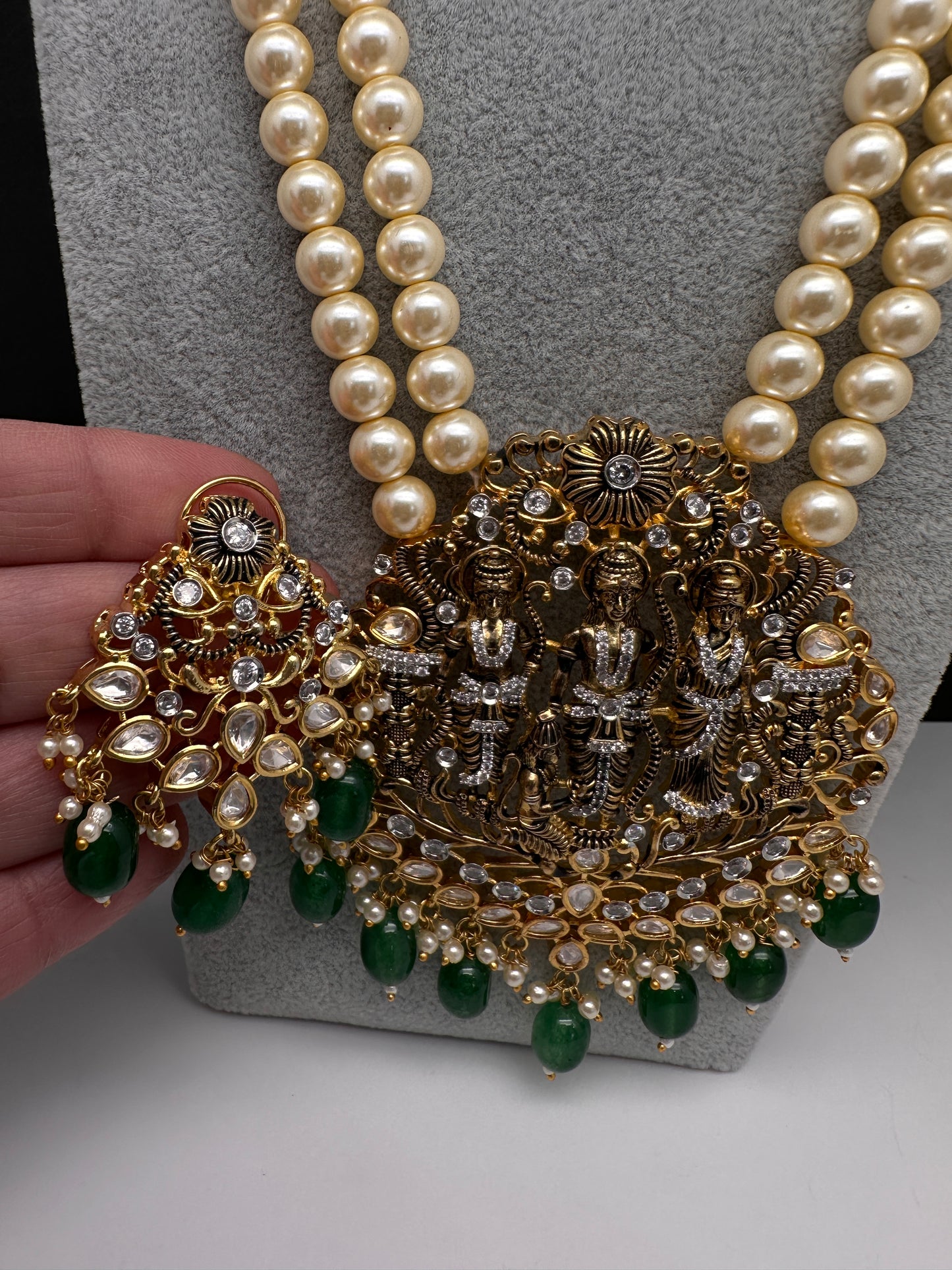 Ram Parivar Antique Swaroski Pearls Beads Mala Necklace - Green
