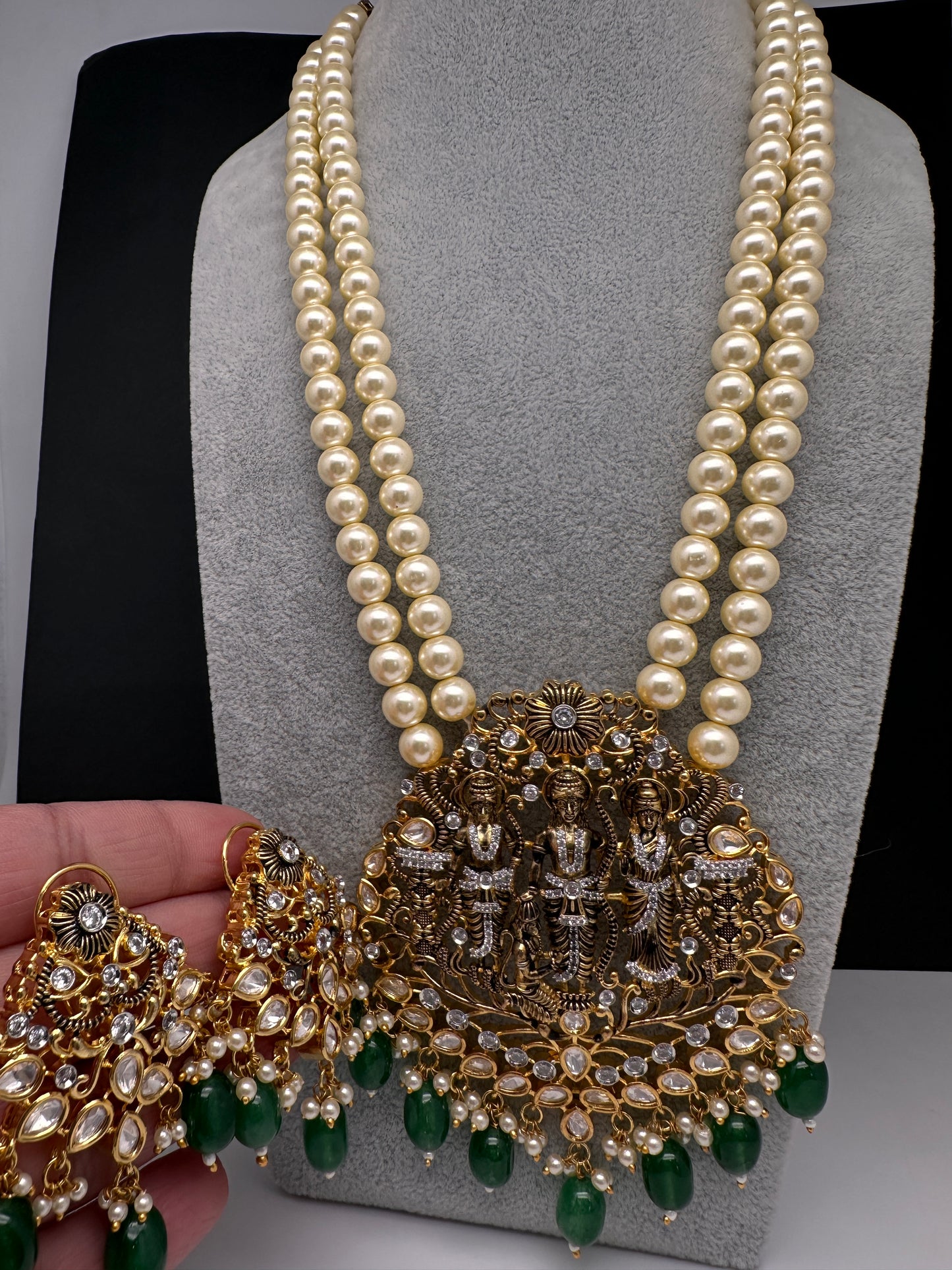 Ram Parivar Antique Swaroski Pearls Beads Mala Necklace - Green