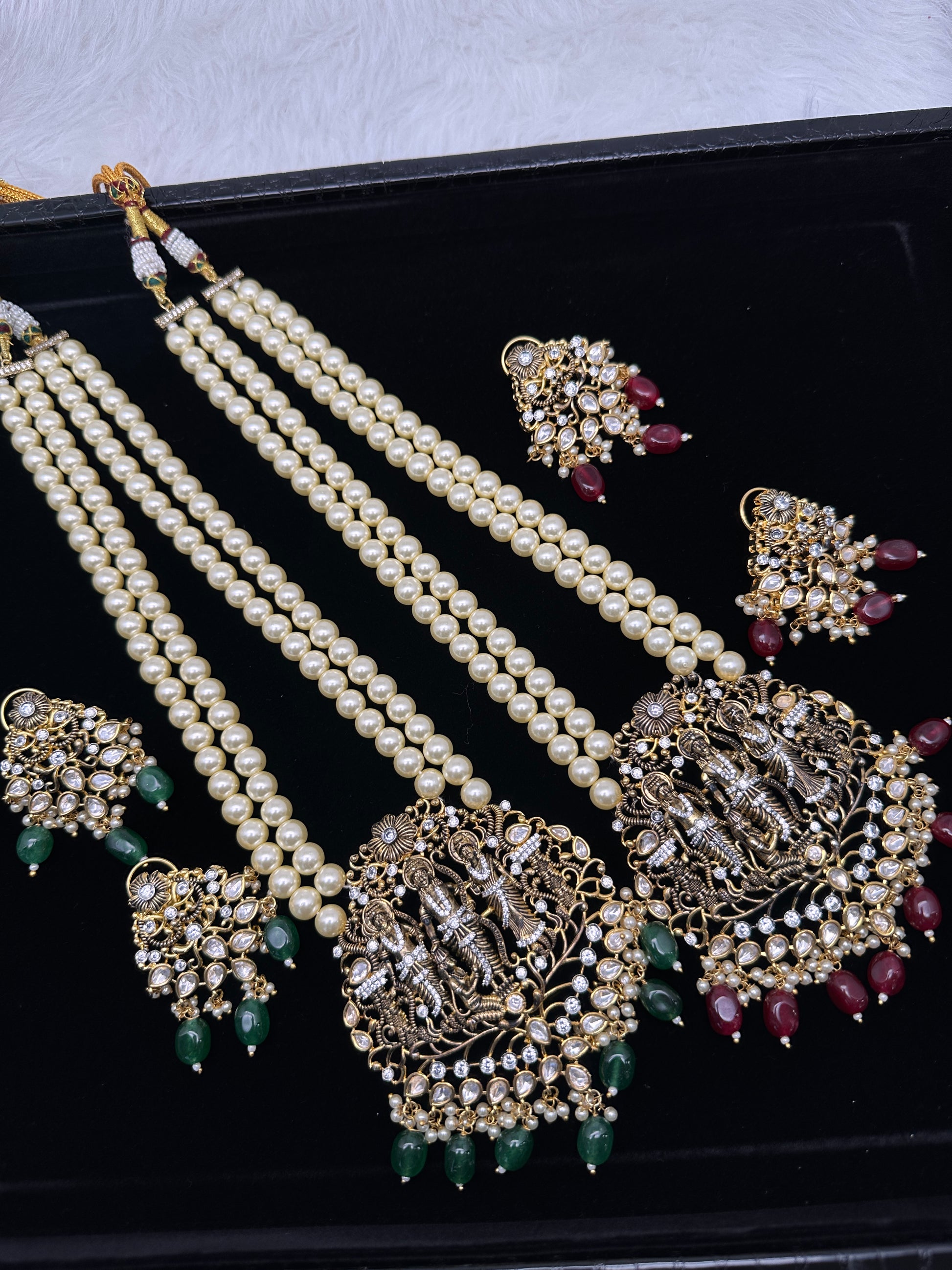 Ram Parivar Antique Swaroski Pearls Beads Mala Necklace - Red