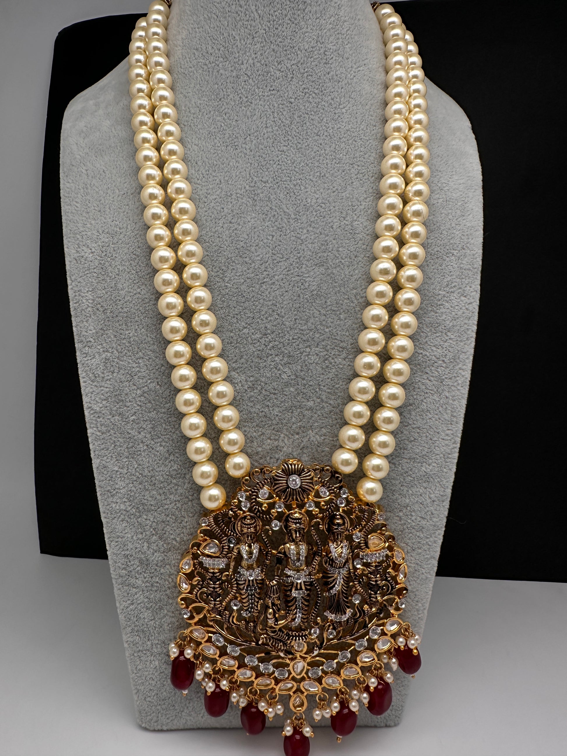 Ram Parivar Antique Swaroski Pearls Beads Mala Necklace - Red
