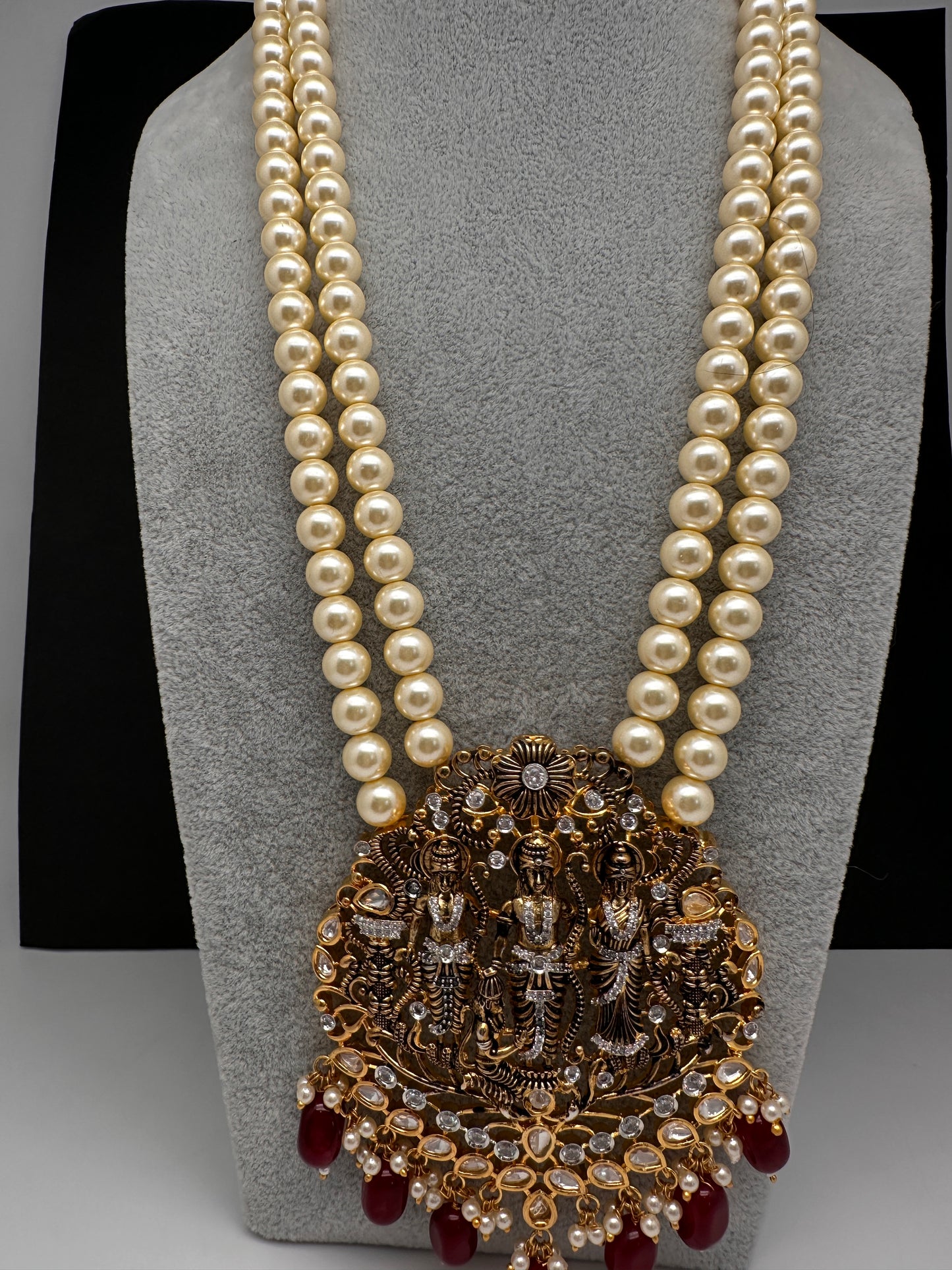 Ram Parivar Antique Swaroski Pearls Beads Mala Necklace - Red