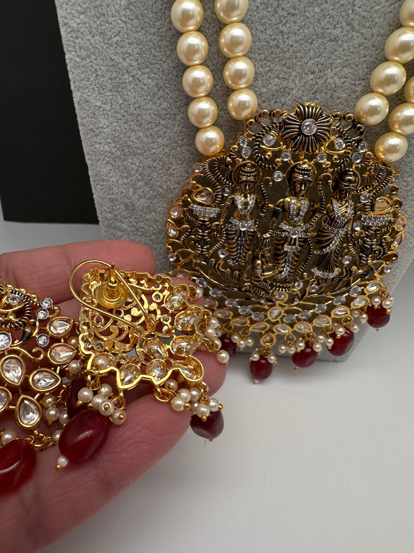 Ram Parivar Antique Swaroski Pearls Beads Mala Necklace - Red