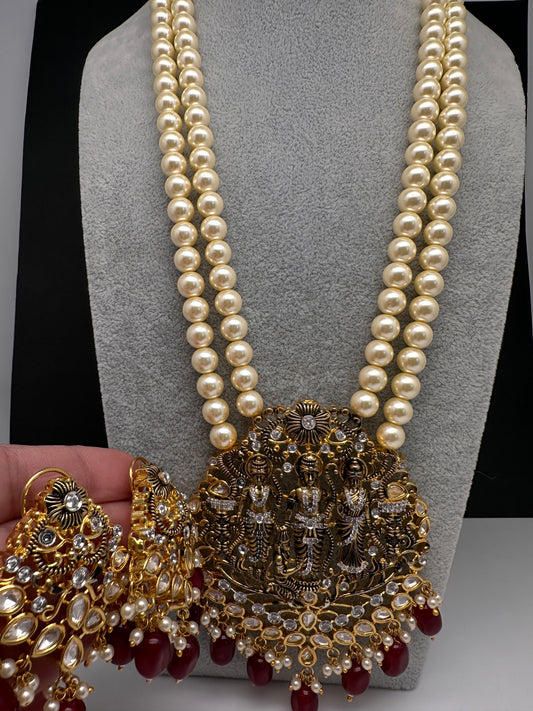 Ram Parivar Antique Swaroski Pearls Beads Mala Necklace - Red