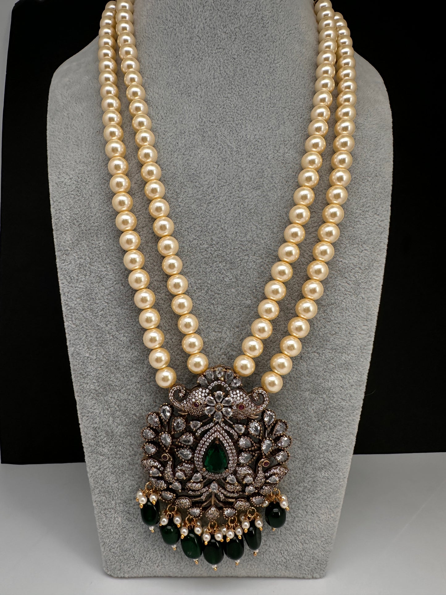 Victorian Elephant CZ Swaroski Pearls Beads Mala Necklace - Green