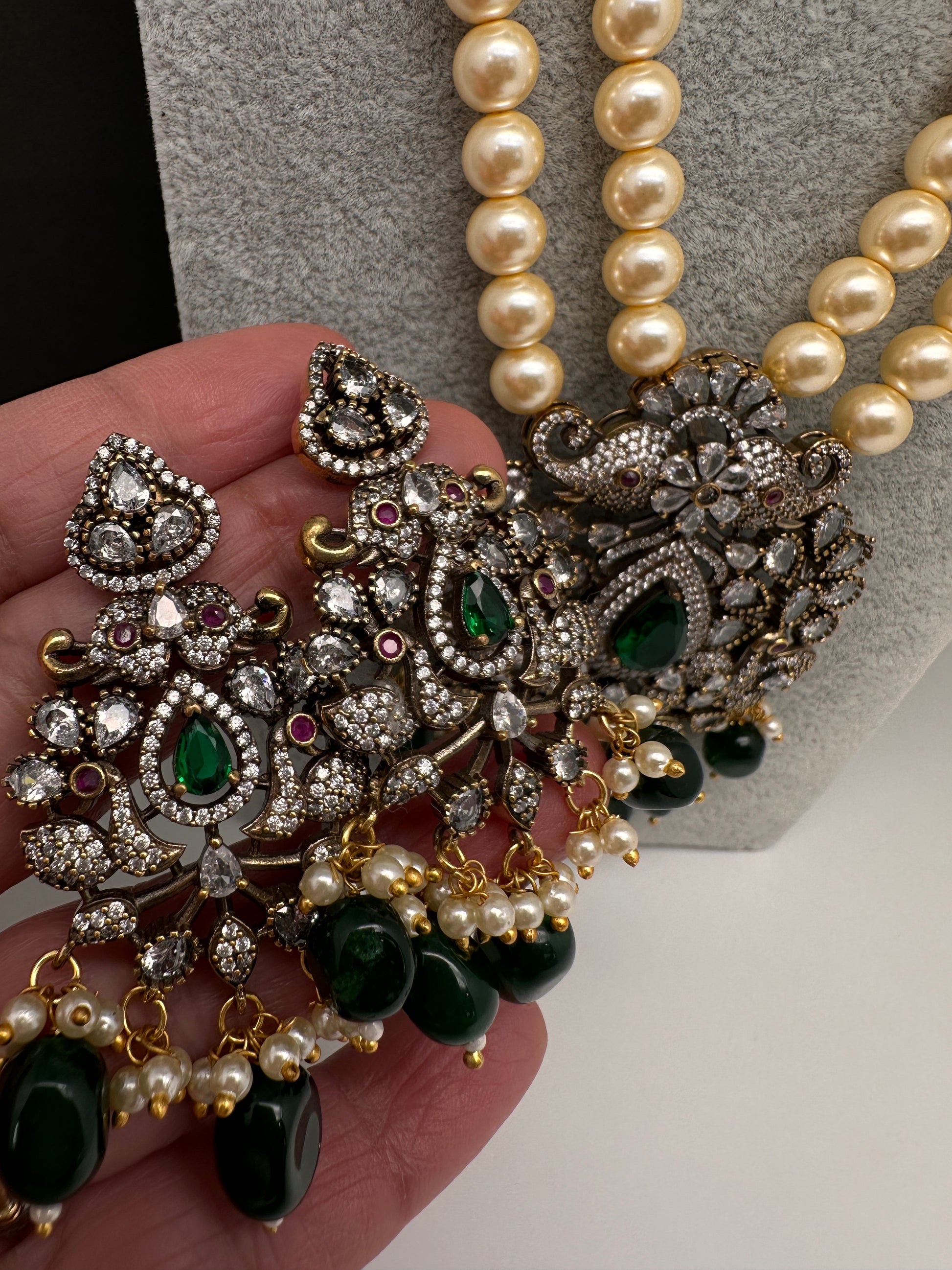 Victorian Elephant CZ Swaroski Pearls Beads Mala Necklace - Green