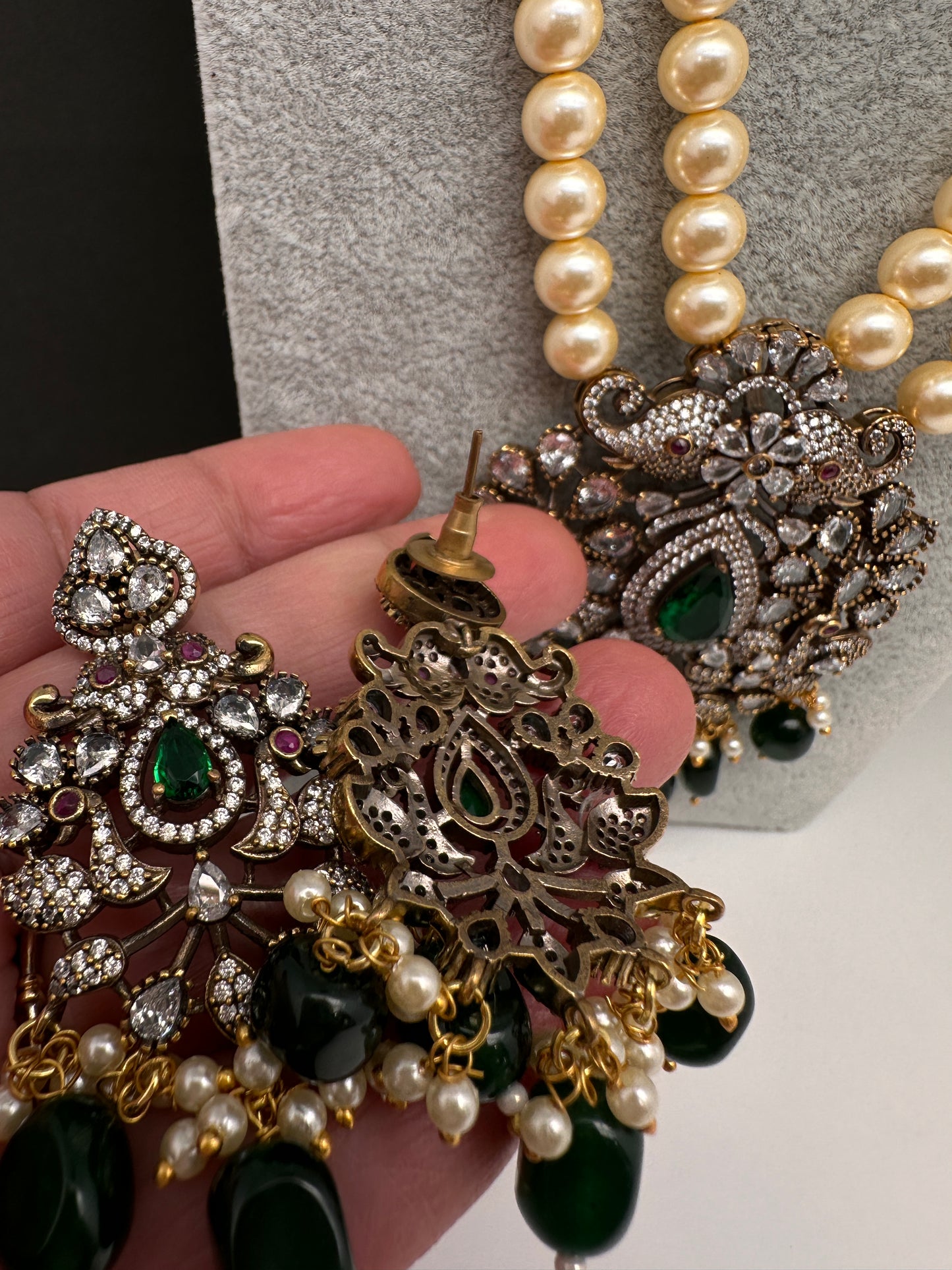 Victorian Elephant CZ Swaroski Pearls Beads Mala Necklace - Green