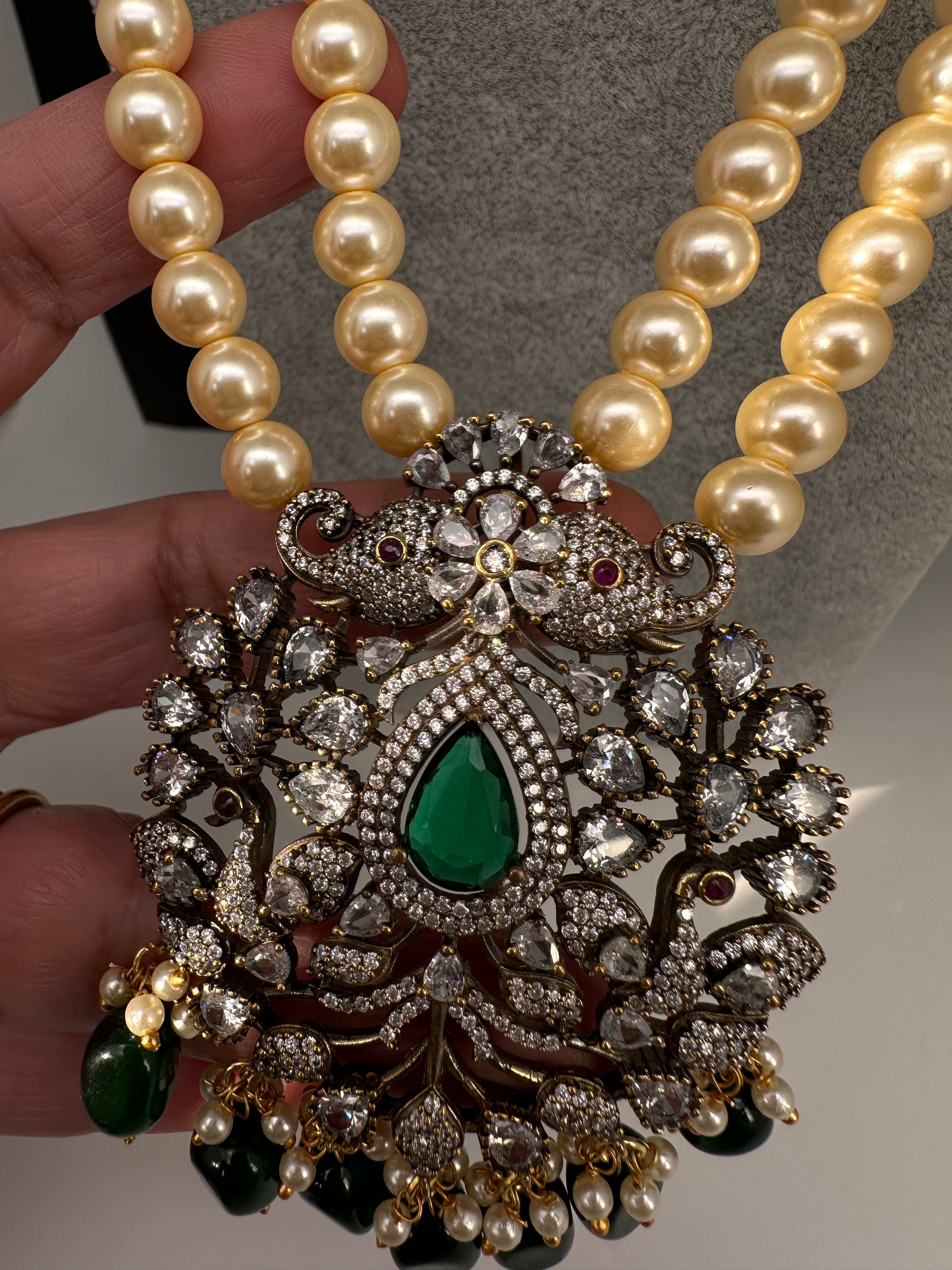 Victorian Elephant CZ Swaroski Pearls Beads Mala Necklace - Green