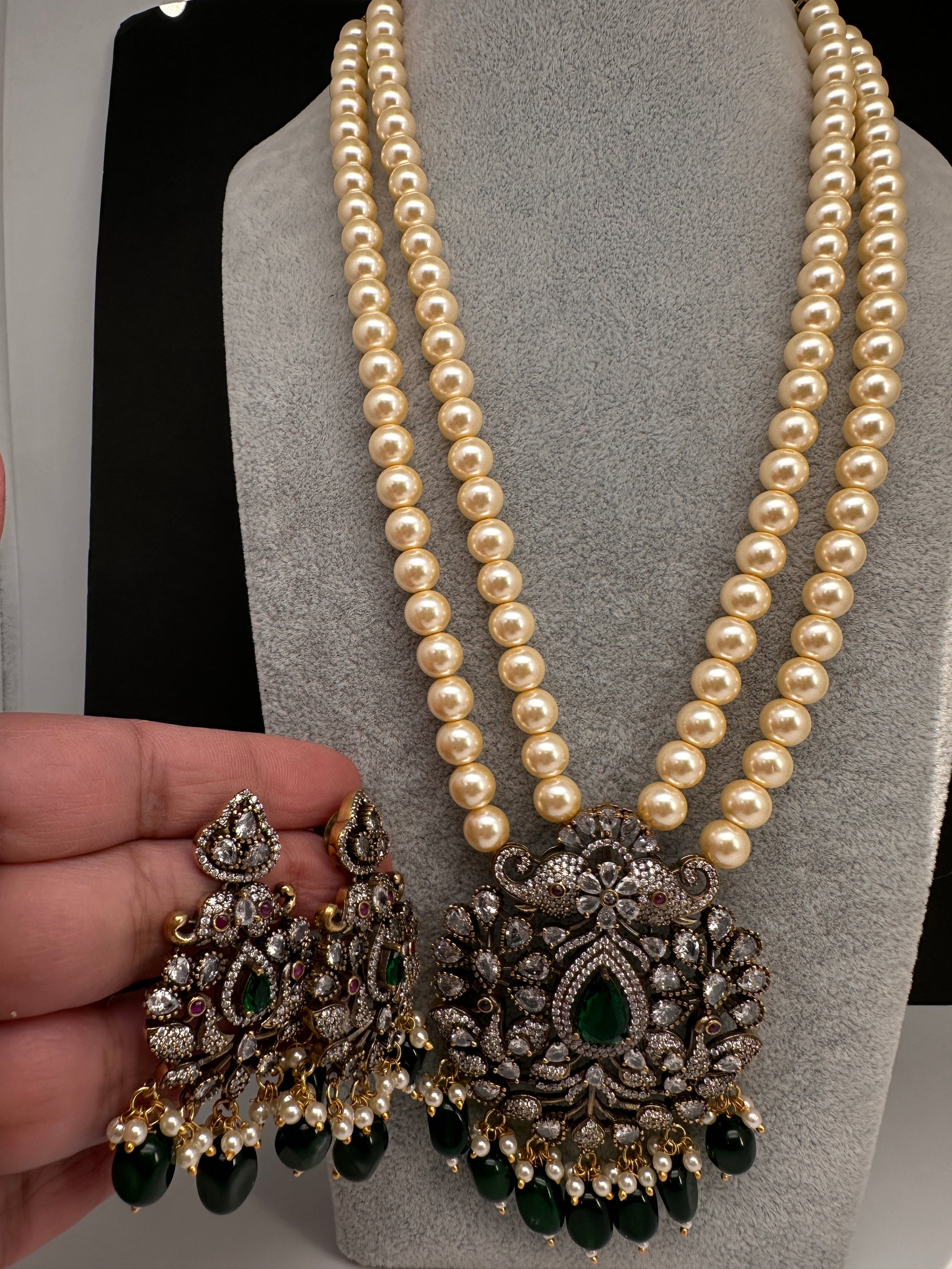 Victorian Elephant CZ Swaroski Pearls Beads Mala Necklace - Green