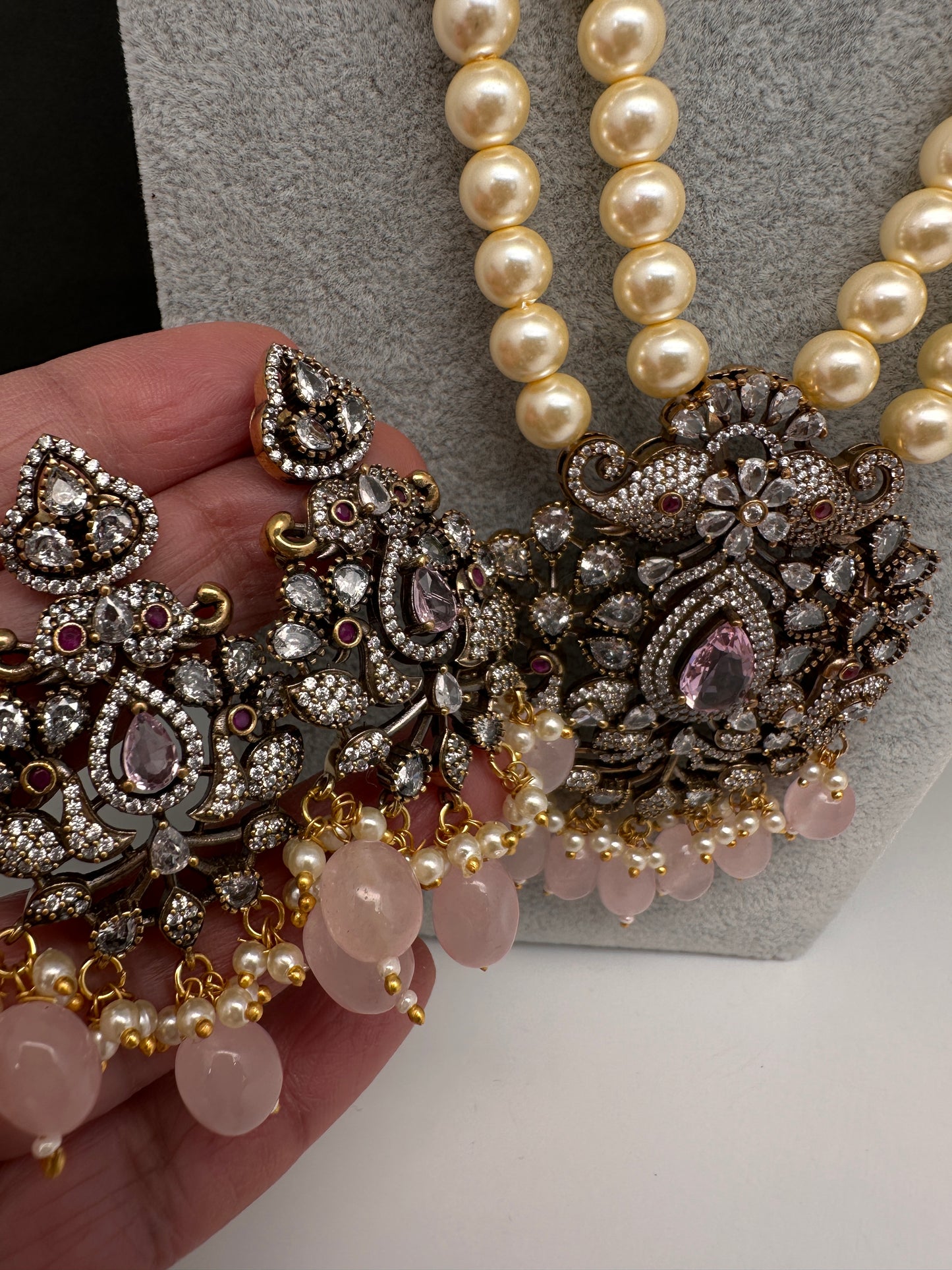 Victorian Elephant CZ Swaroski Pearls Beads Mala Necklace - Pink