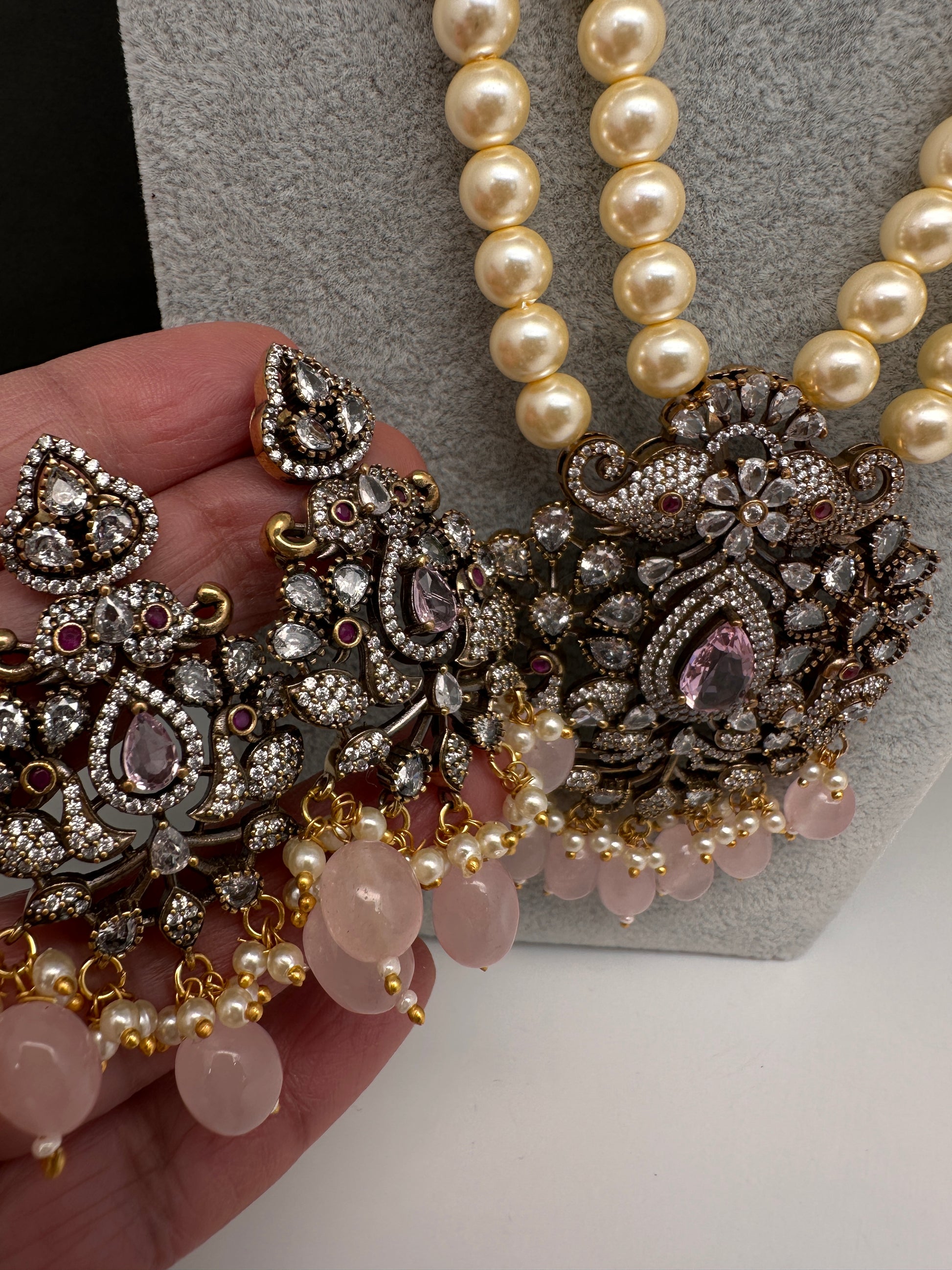 Victorian Elephant CZ Swaroski Pearls Beads Mala Necklace - Pink